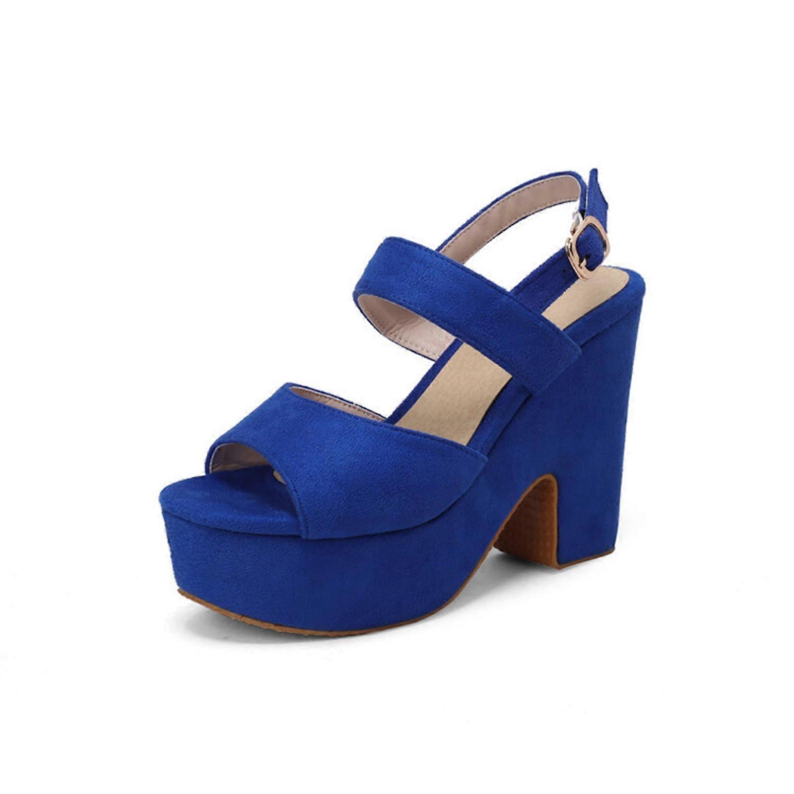 11.5CM Women's Suede Open Toe Ankle Strap Waterproof Platform Sandals with Thick Heel 36 EU Blue