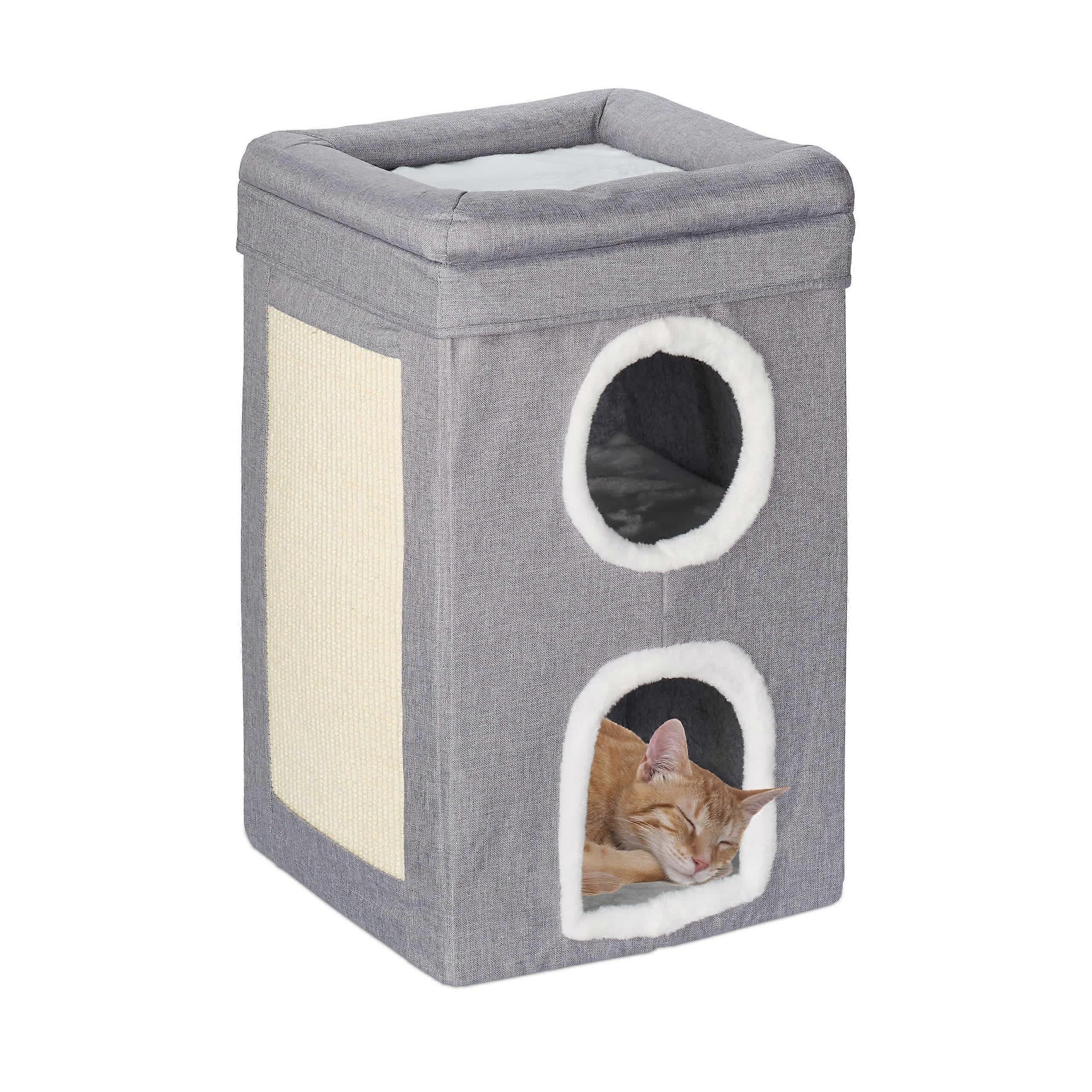 Cat Cave With 2 Caves And 1 Open Level Cat Bed, Square Scratching Surface, Grey White, Dimensions 63x40x40 cm