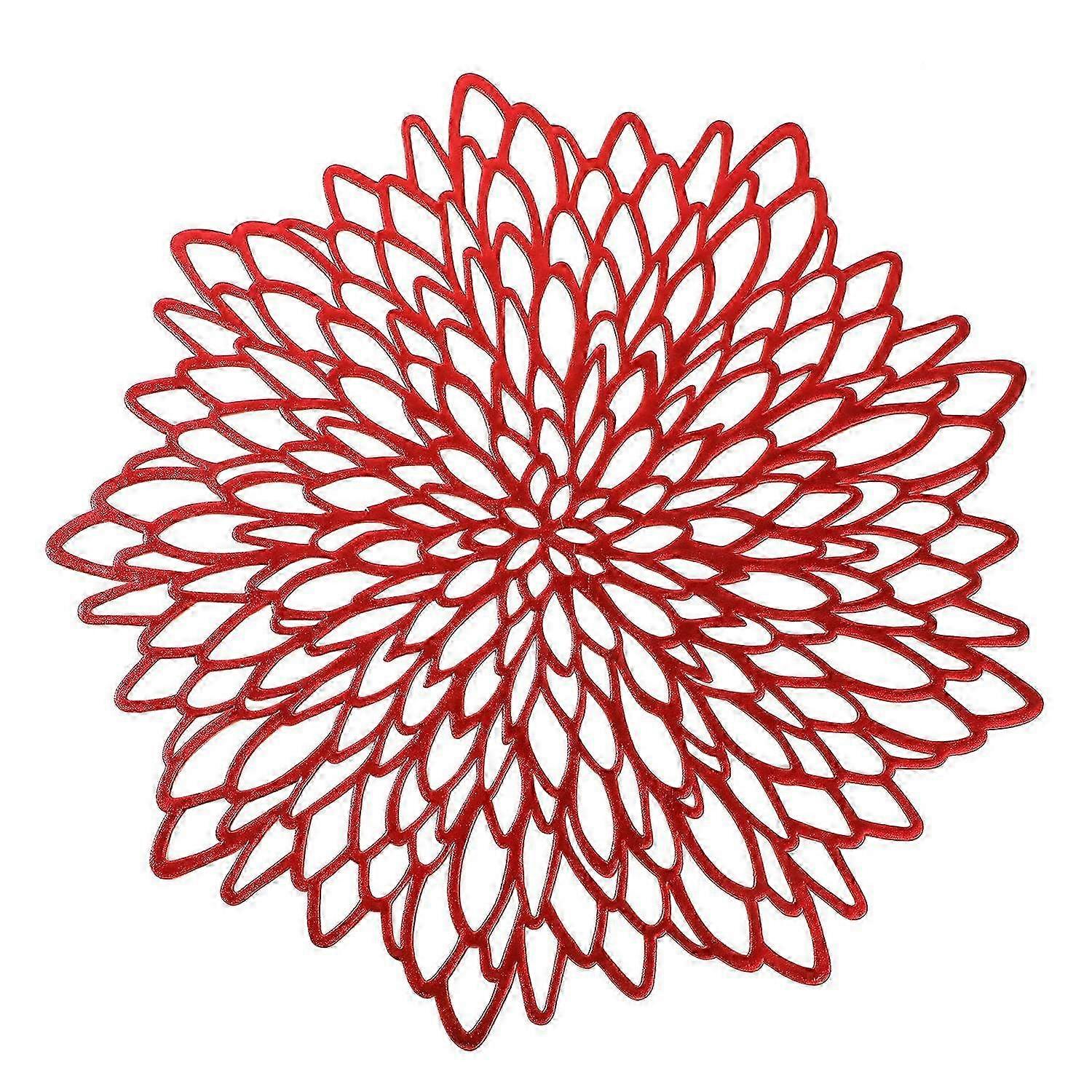 Set of 6 Red Metallic Vinyl Round Placemats - Laminated Plastic Table Decor for Modern Dining & Leaf Design