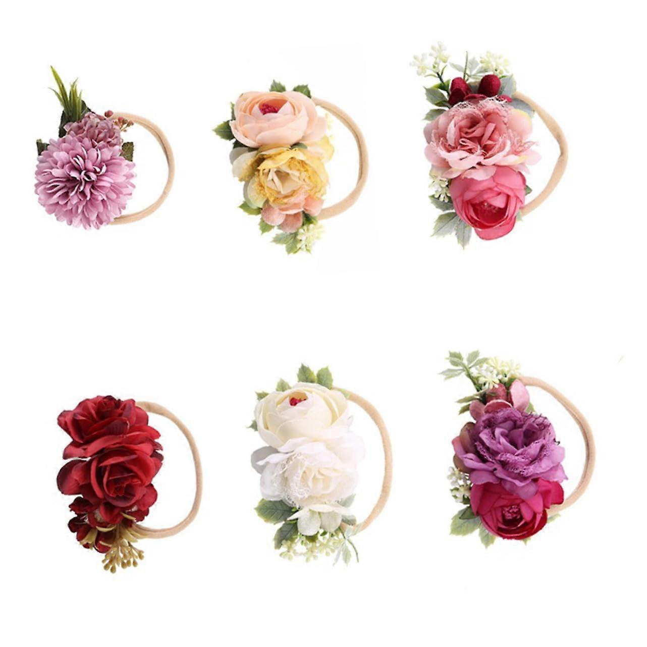 6Piece Hairband Set with Colorful Artificial Flowers, Decorative Headband for Toddler Photos, Elastic Headband for Parties and Special Occasions