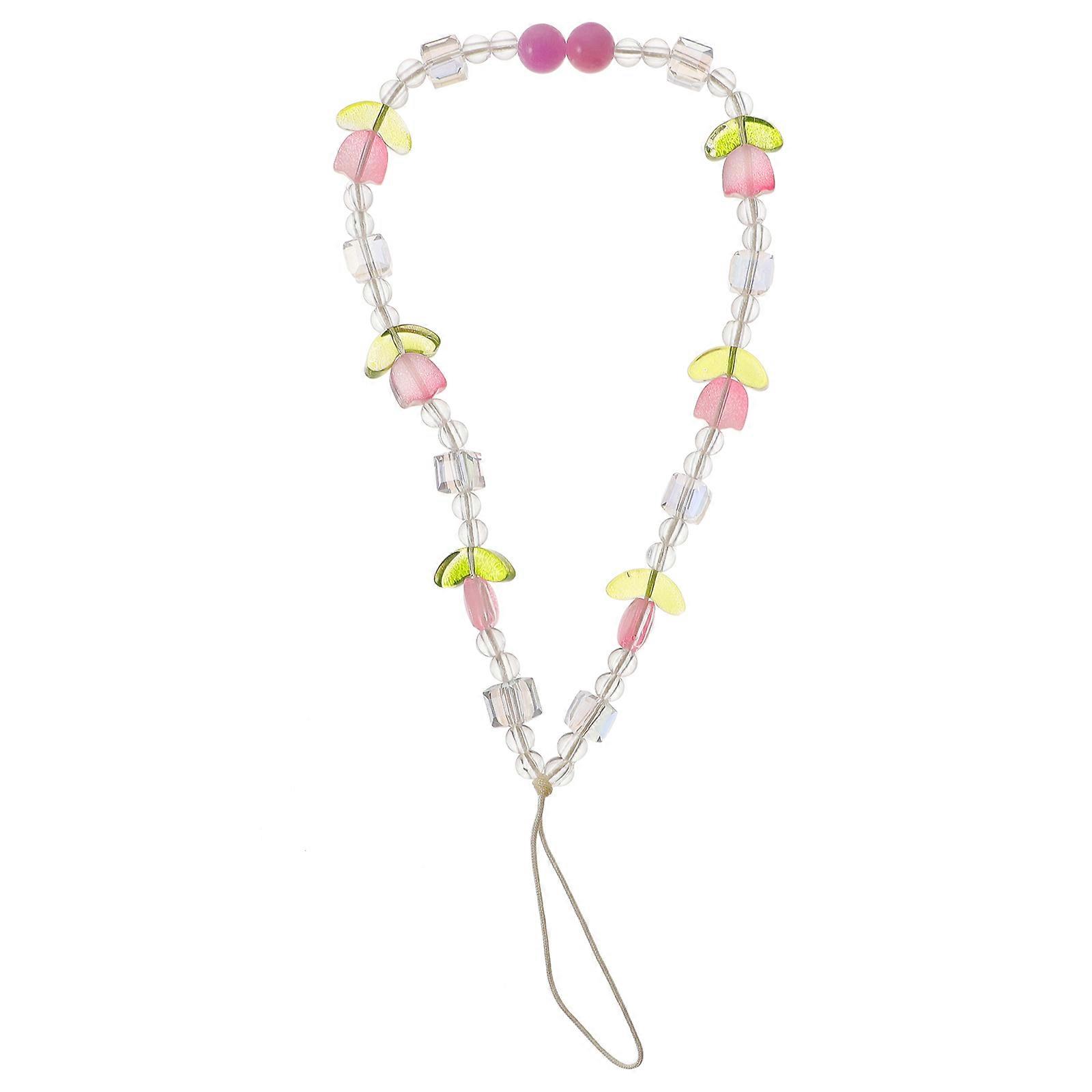 Transparent Tulip Beaded Phone Lanyard Charm with Wrist Strap – Lightweight, Easy to Install Mobile Phone Hanging Rope for Daily Use and Loss