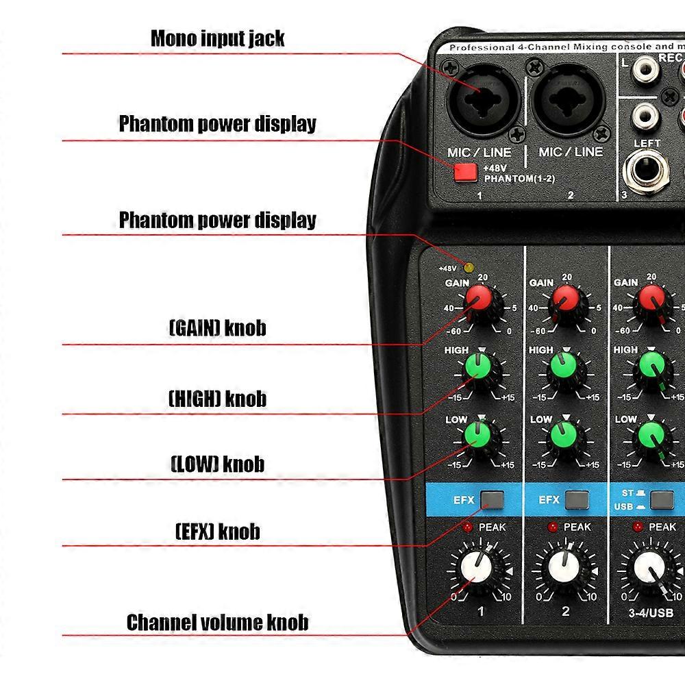 TU04 BT Sound Mixing Console Record 48V Phantom Power Monitor AUX Paths Plus Effects 4 Channels o Mixer with USB