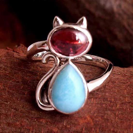 Larimar Red Garnet Gemstone Ring, 925 Sterling Silver Ring, Cat Ring