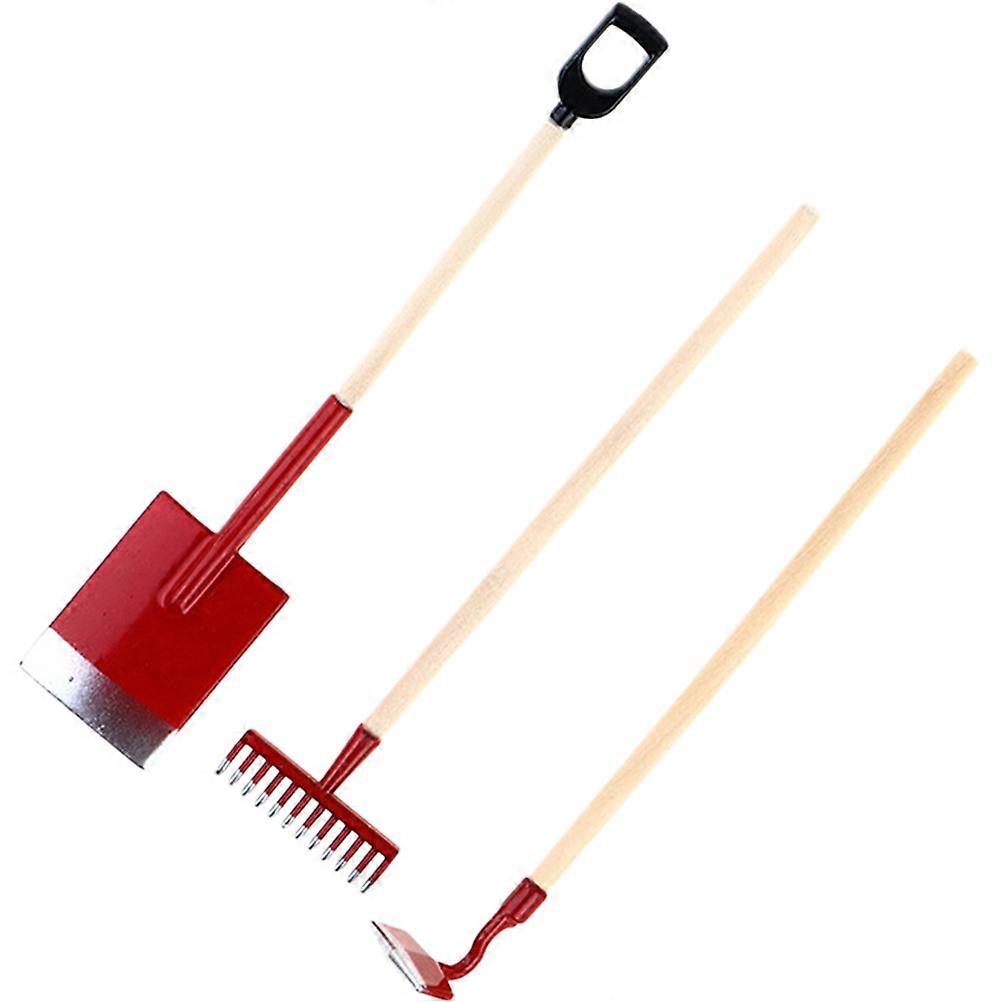 Three Piece Pretend Play Gardening Tool Set with Red Miniature and Rake for Decor Wood
