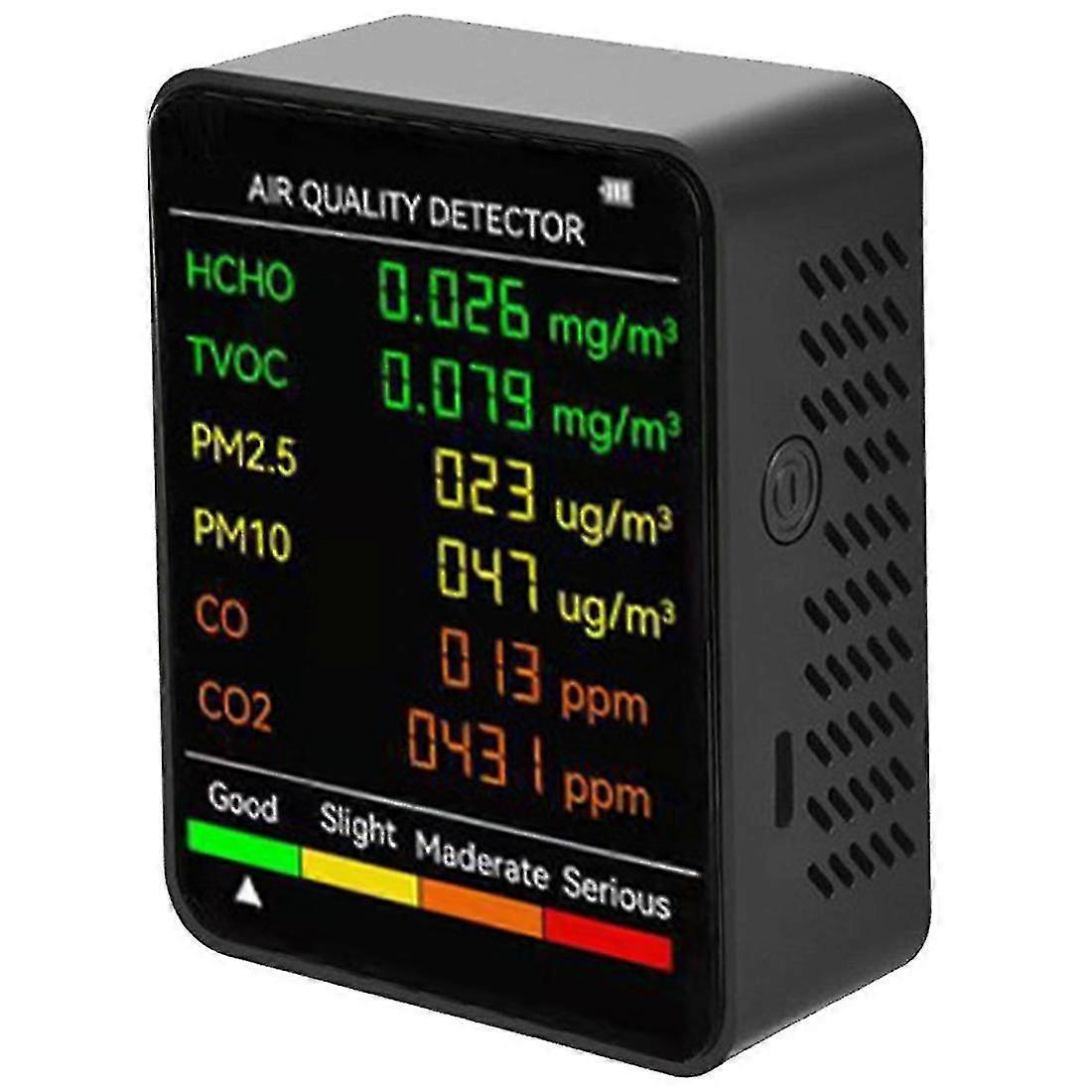 6-in-1 Air Quality Monitor for Home & Office - Detects PM2.5, PM10, HCHO, TVOC, CO & CO2 Levels