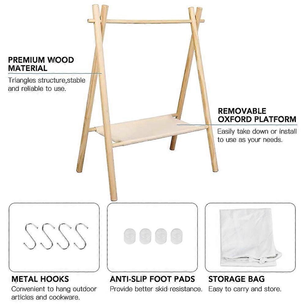 Outdoor Wood Cookware Hanging Rack Camping Triangular Hanging Rack with Hooks Storage Bag