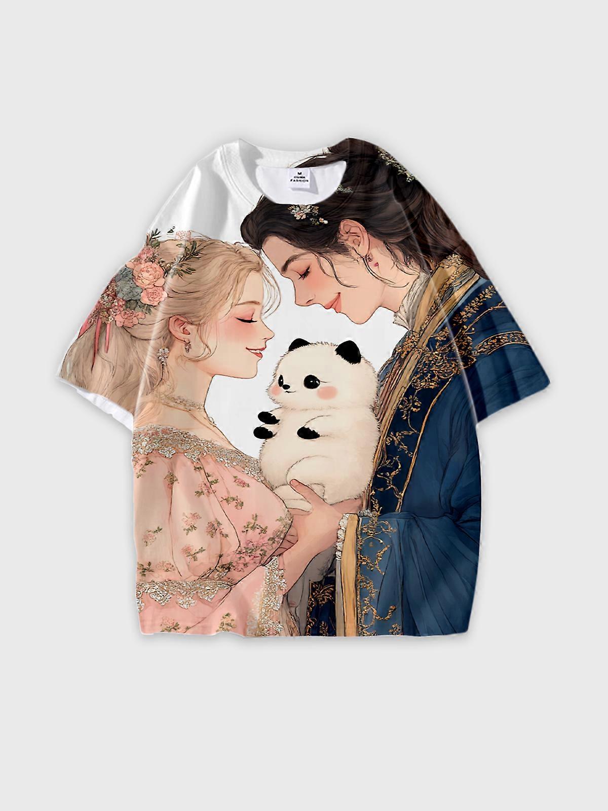 T-Shirt Round Neck, Loose Short Sleeve Pattern Graphic Tee, Unisex Summer Casual Top V2712