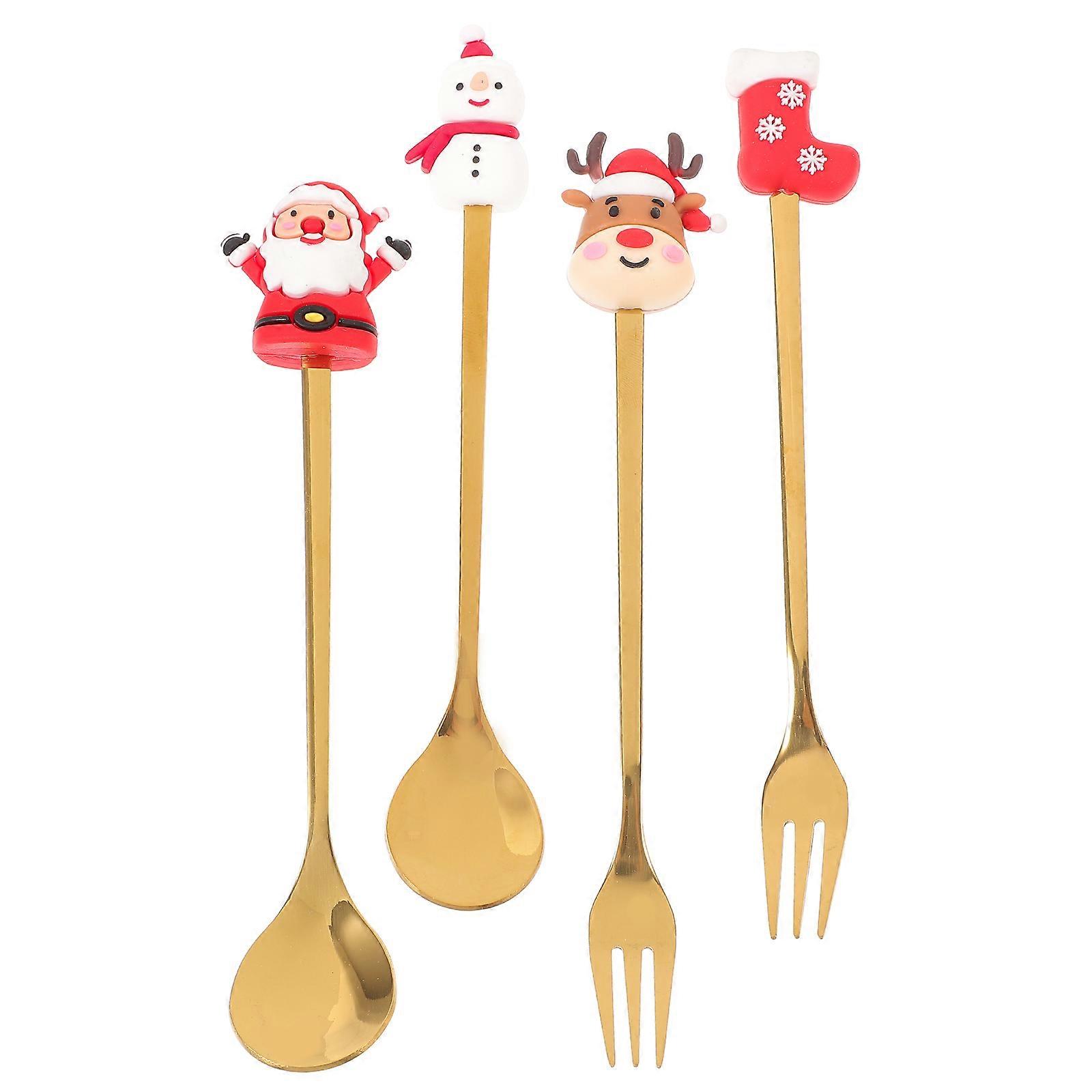Golden Ergonomic Handle Christmas Themed Fork And Spoon Set For Restaurants And Catering Events With Versatile Mixing Function 4 Sets