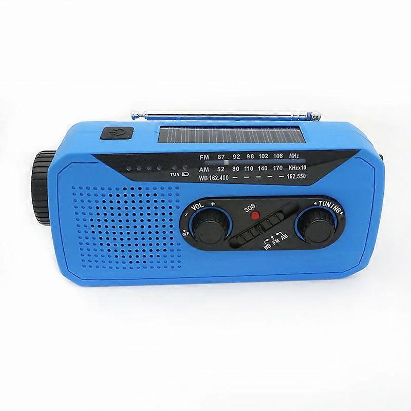 Emergency Solar Hand Crank Radio, 2000mAh Battery, 3.5mm Headphone Jack with Flashlight and SOS Blue