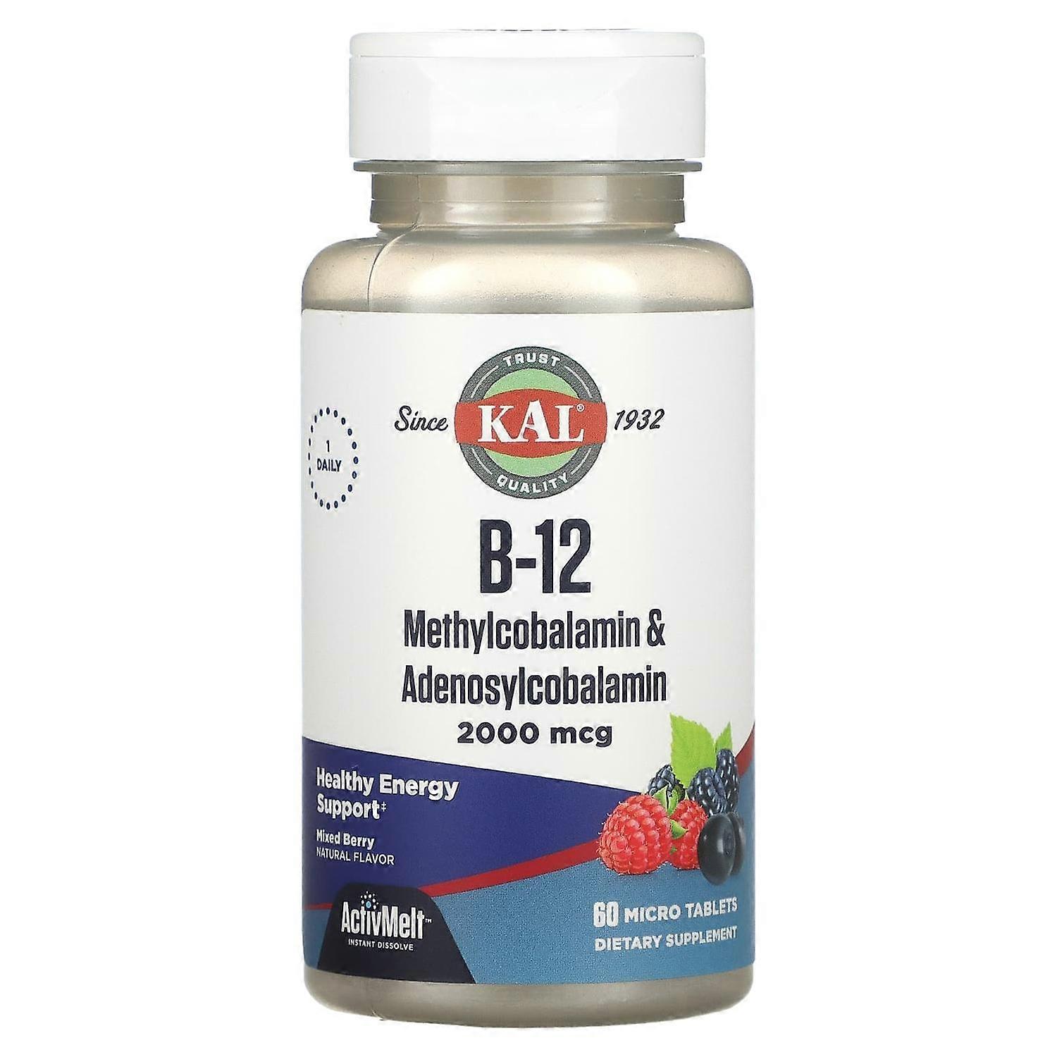 KAL, B-12 Methylcobalamin & Adenosylcobalamin, Mixed Berry, 2,000 mcg, 60 Micro Tablets