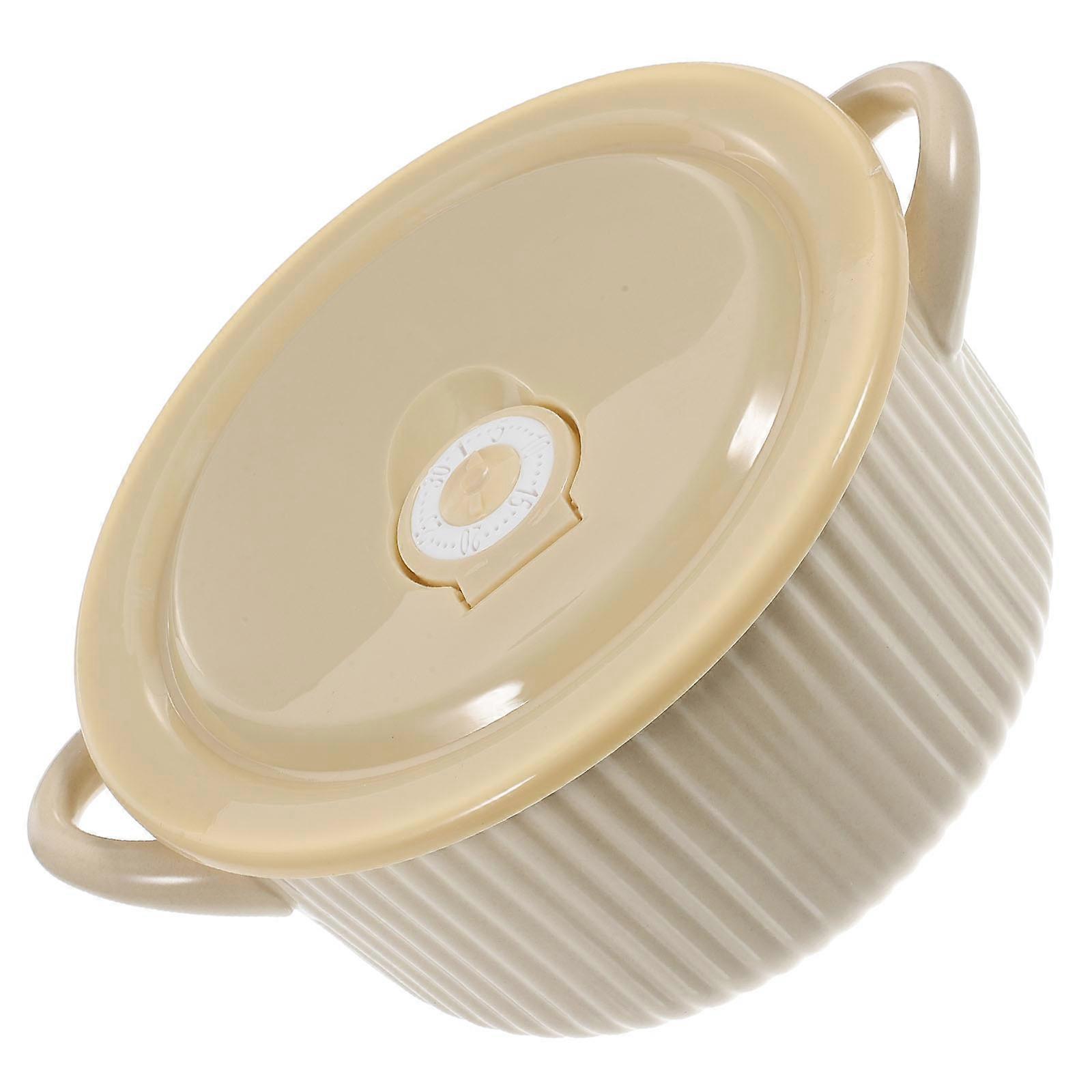 Beige Double Handle Soup Bowl with Lid for Microwave Safe Cooking