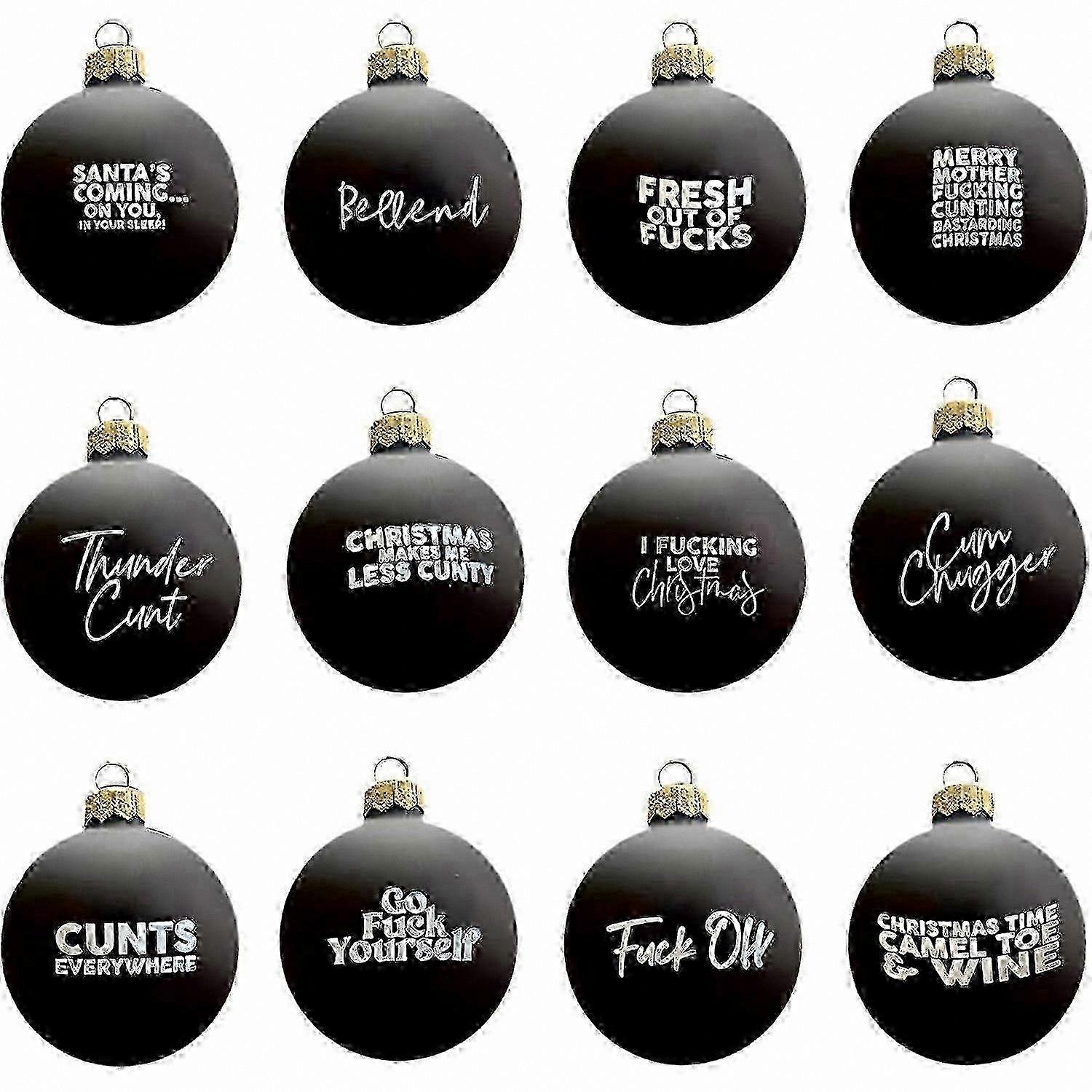 Christmas Baubles Set of 12, Festive Tree Ornaments with Humorous Appeal, Fun Holiday Decor for 2024 & Beyond
