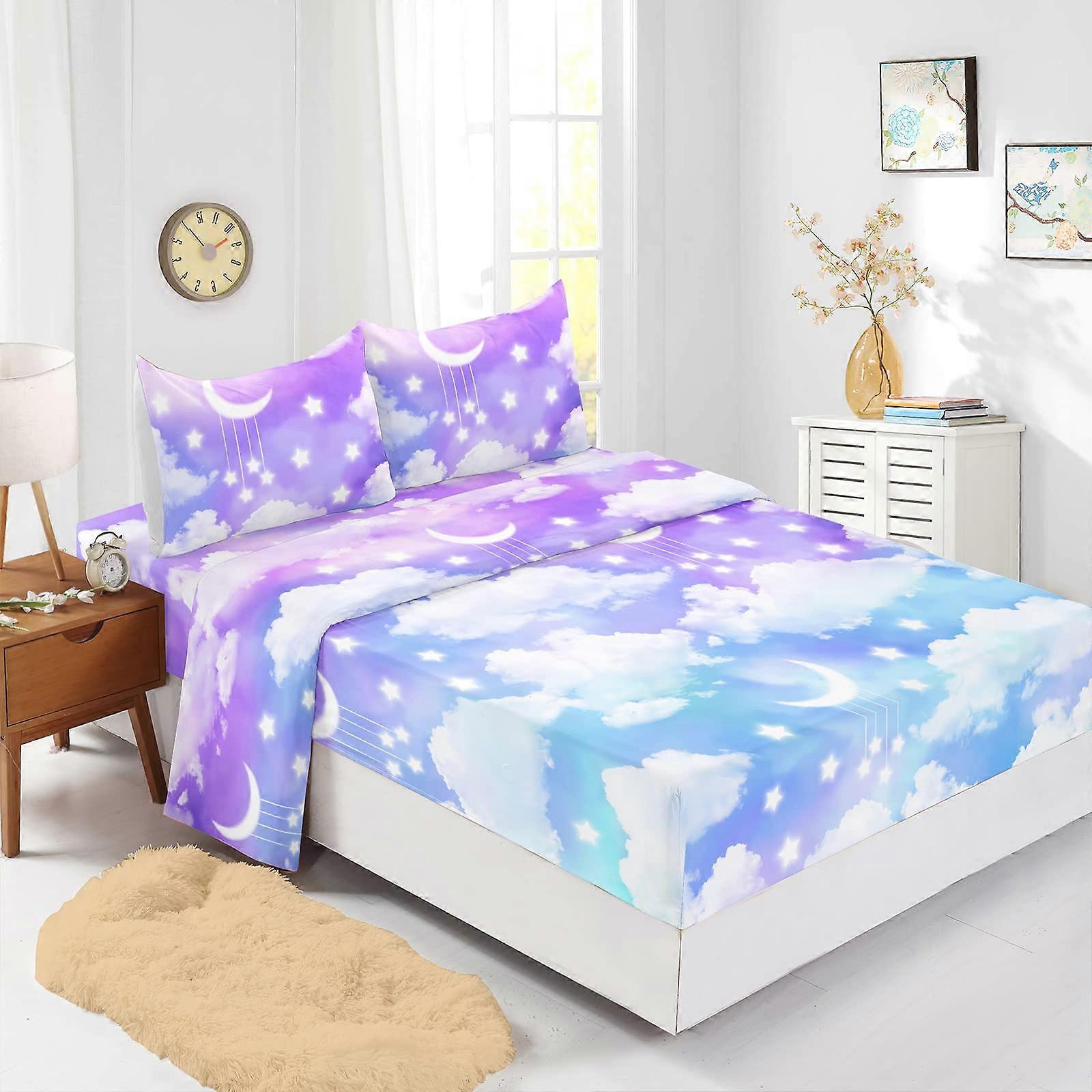 Starry Sky Clouds Moon Sheet Set Queen 4Piece Deep Pocket Fitted Printed Bedding Sheets For Kids Galaxy Constellation