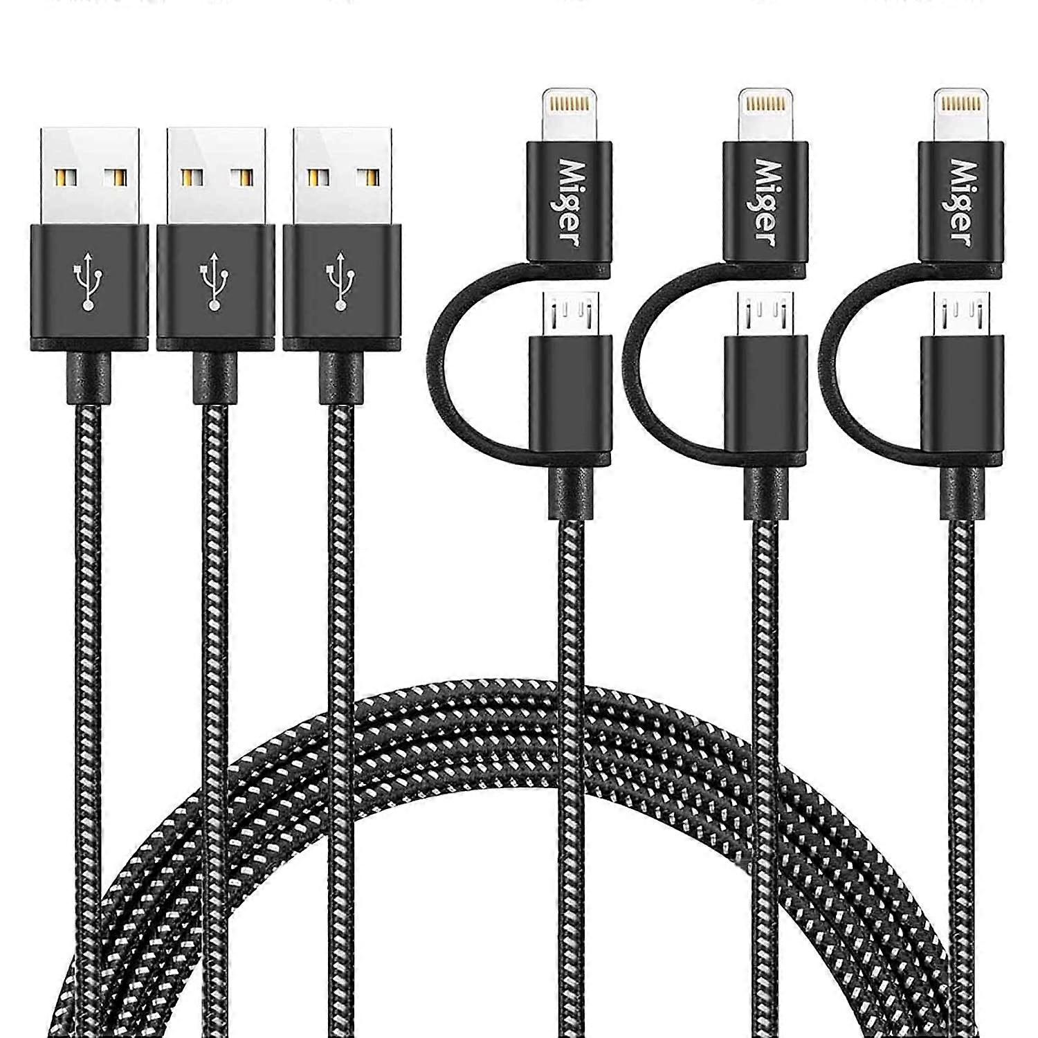 3Packs 2-in-1 Multi USB Cable 2.4A, 6.5Ft/2m Lightning and Micro USB Nylon Braided Charger Cord Sync and Charge