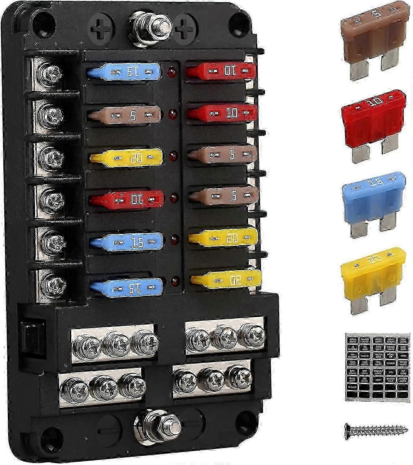 12V Marine Fuse Block with Ground Terminal - 12 Way Blade Fuse Panel Box for Boat RV Truck