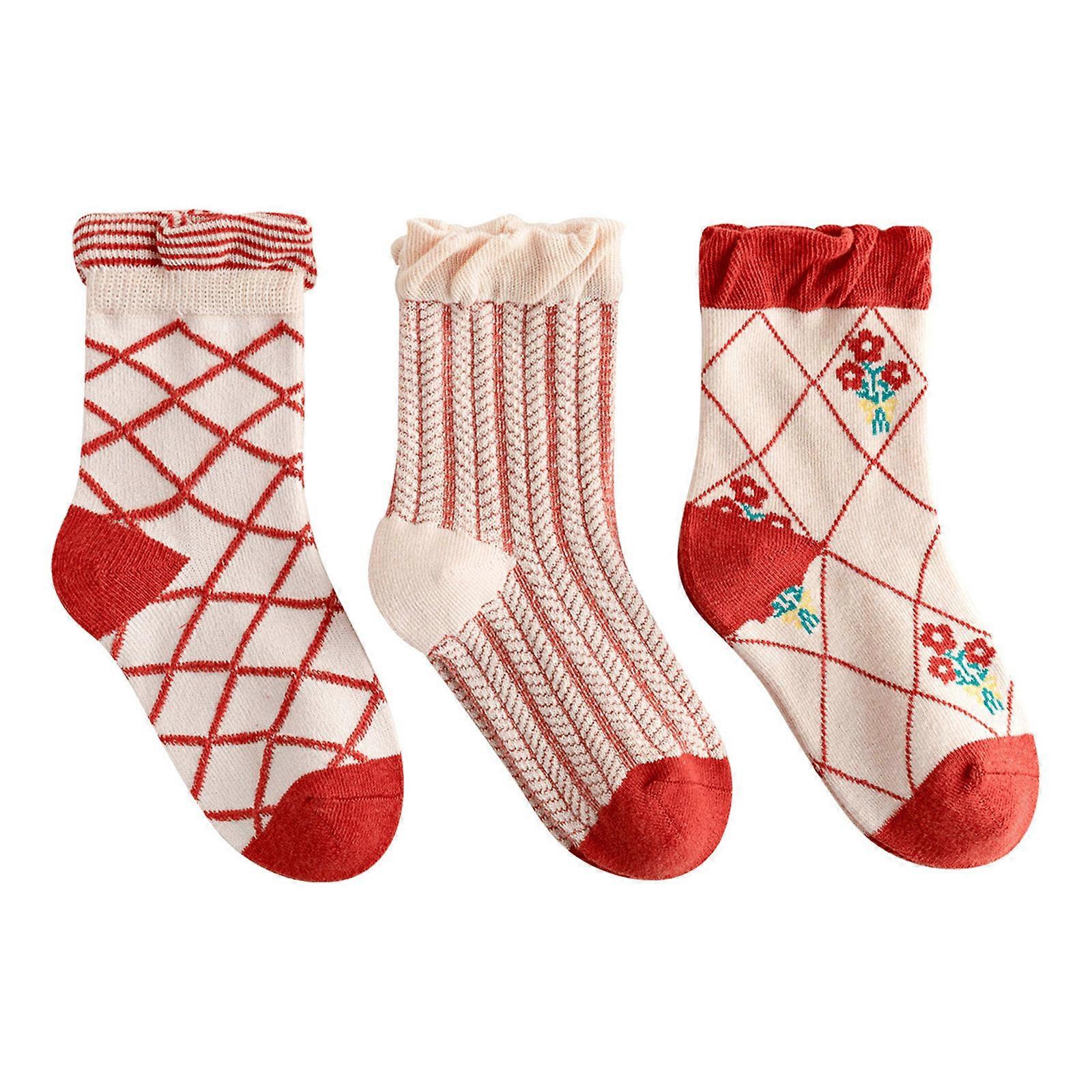 Set of 3 Pair Breathable Children's Ankle Socks Elastic Cuffs Lovely Lace Design Daily Comfortable Hosiery  Red XL