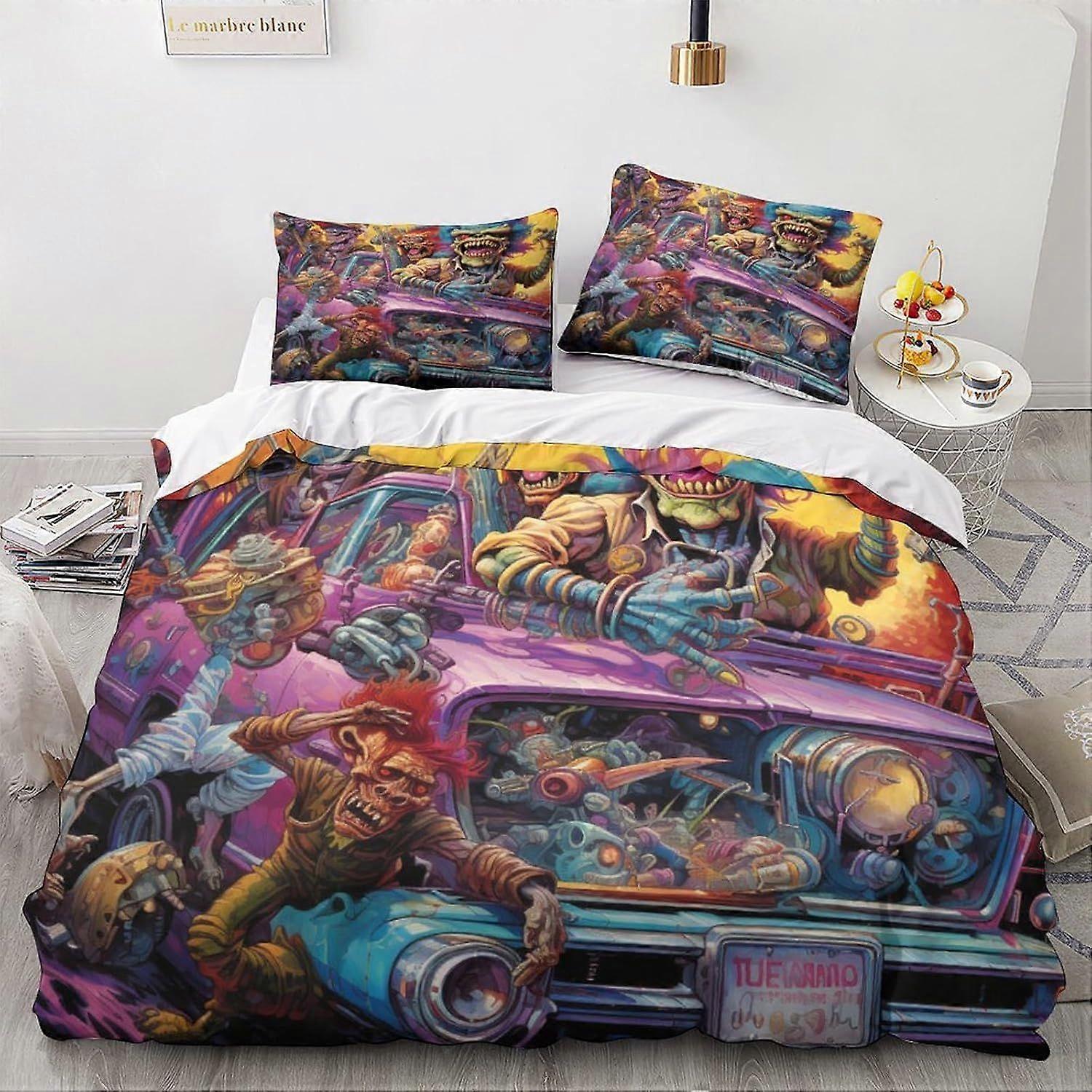 LikeEj monstros edredom capa 3D carro vintage impresso roupa de cama Set 3pcs microfibra cartoon colcha capa com zíper fechamento rei
