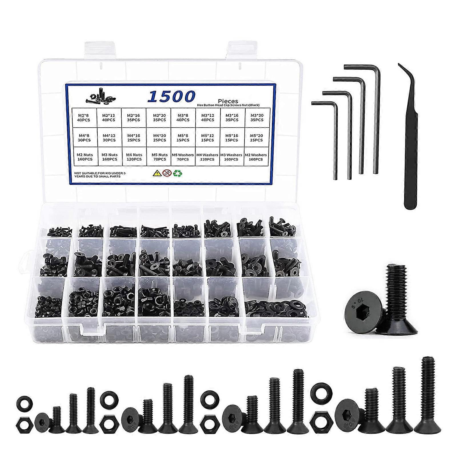 1500Pcs Flat Hexagon Socket Head Caps Screws Hexagon Head Drive Countersunk Machine Bolt Nut Fastener Hardware Multicolor