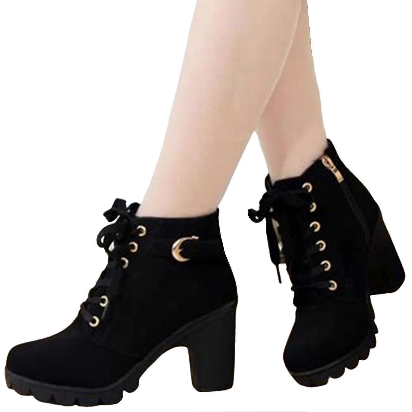 Women's suede ankle boots with buckle, large size lace up shoes for versatile use