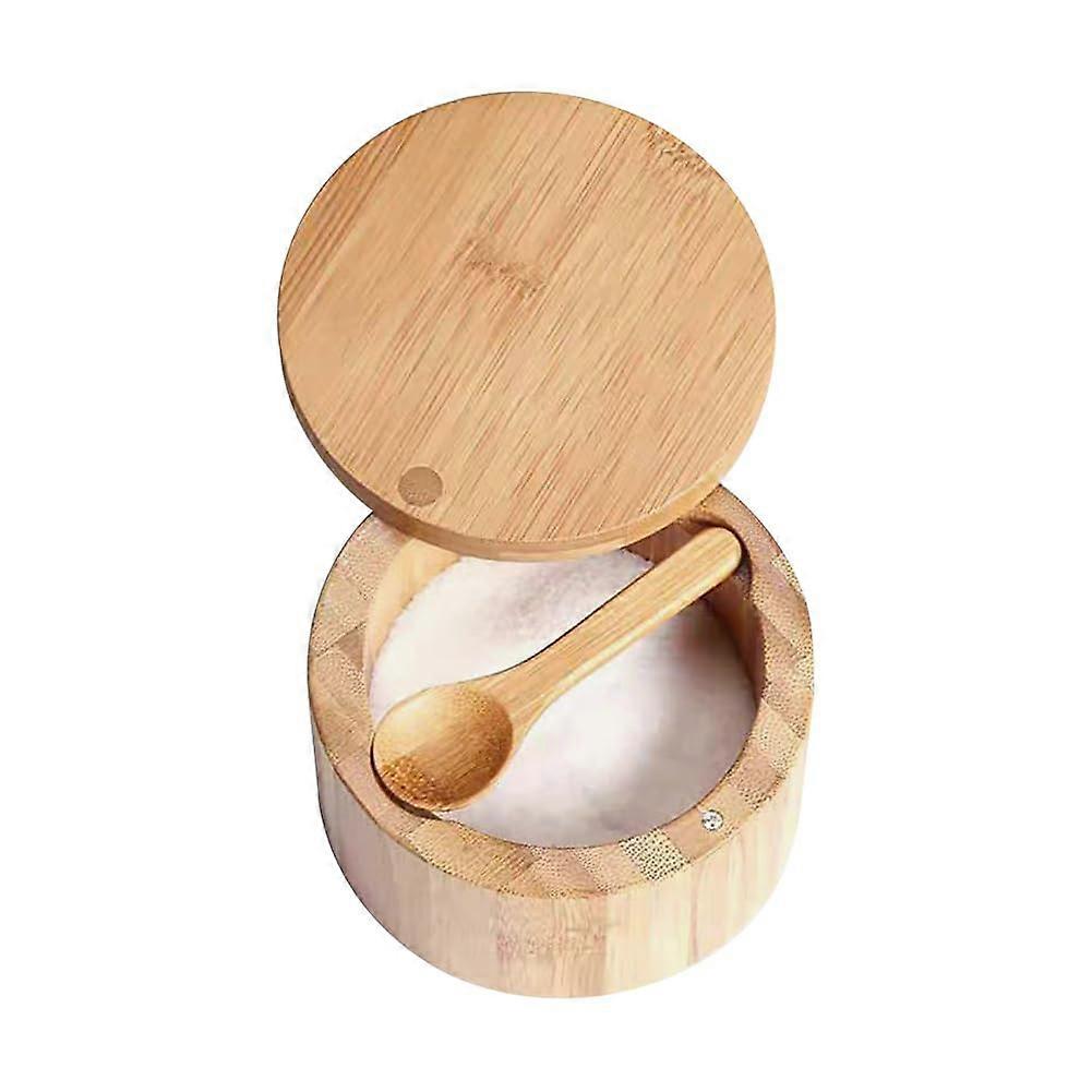 Bamboo Salt Box with Spoon Natural Spice Storage Container with Lid for Kitchen Seasoning