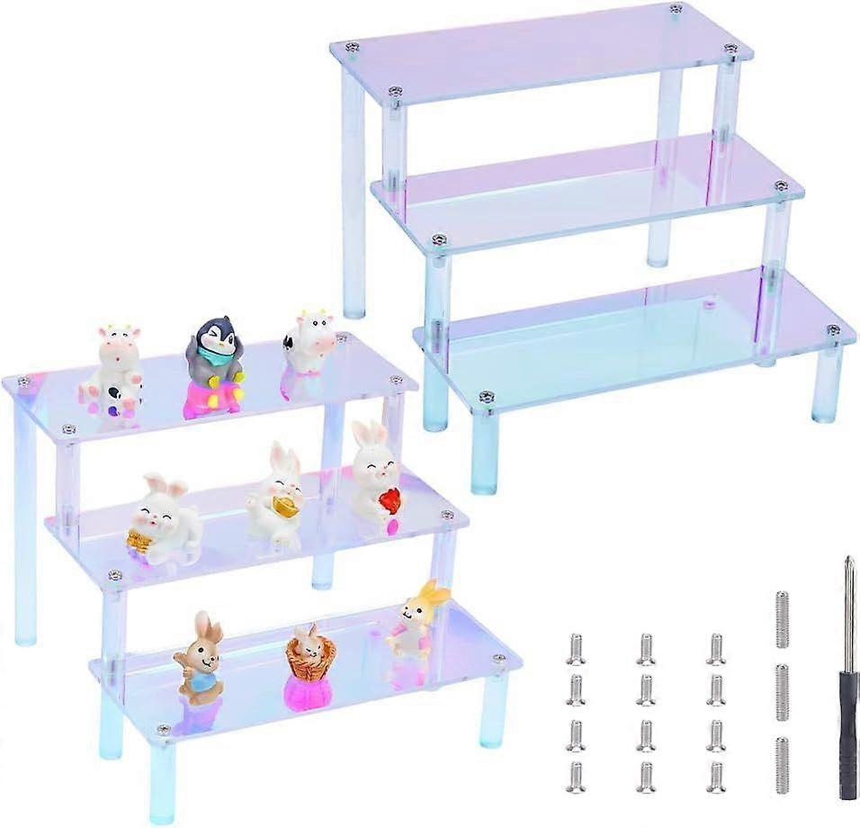 2Sets Colorful 3-Tier Acrylic Riser Display Greeting Card Display Stand Cupcake Food Stand Tiered Collection Display Stand for Figures Perfume Dessert