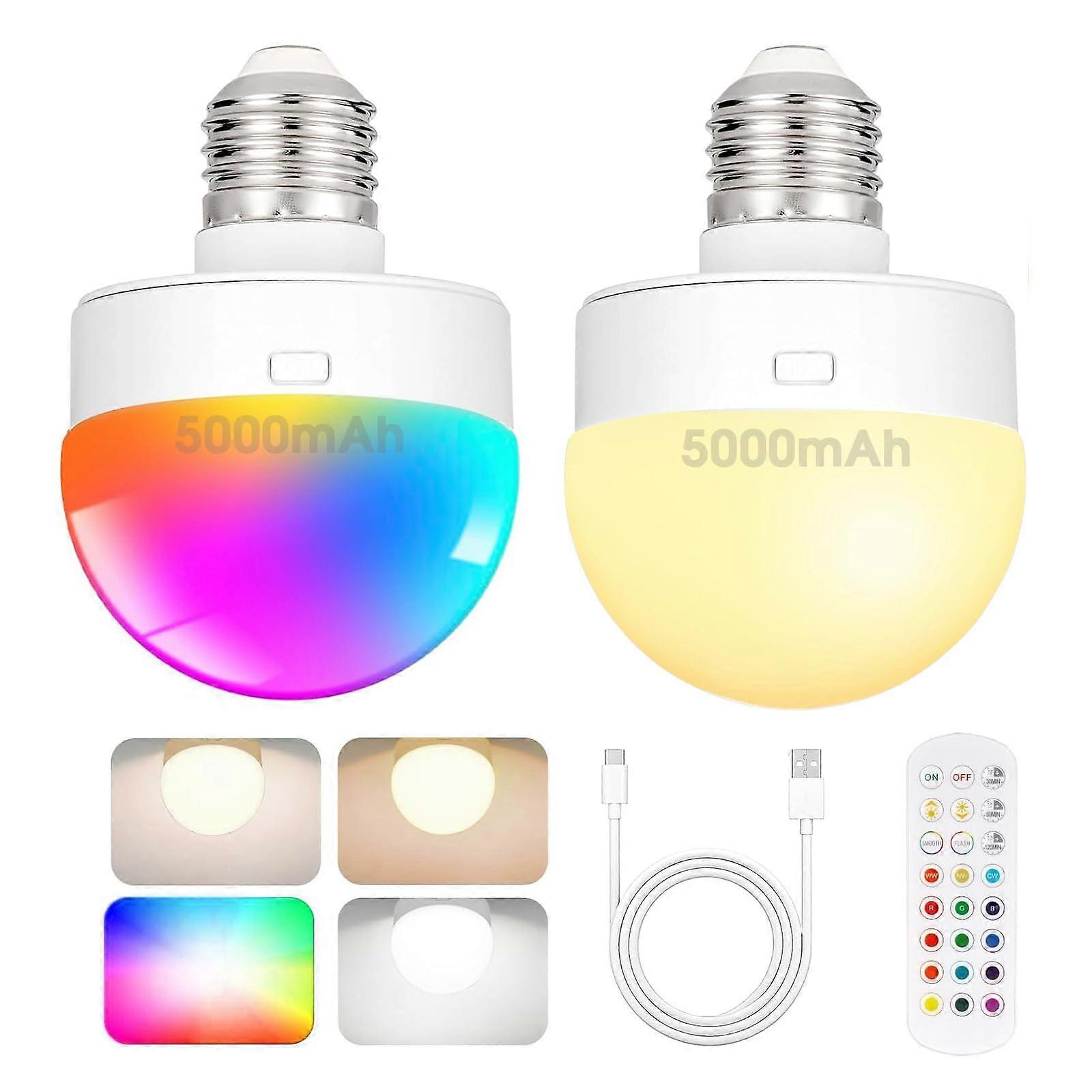 Rechargeable LED Light Bulbs 2 Pack with Remote, E26 Base, TypeC Charging, 12 RGB Colors, Dimmable