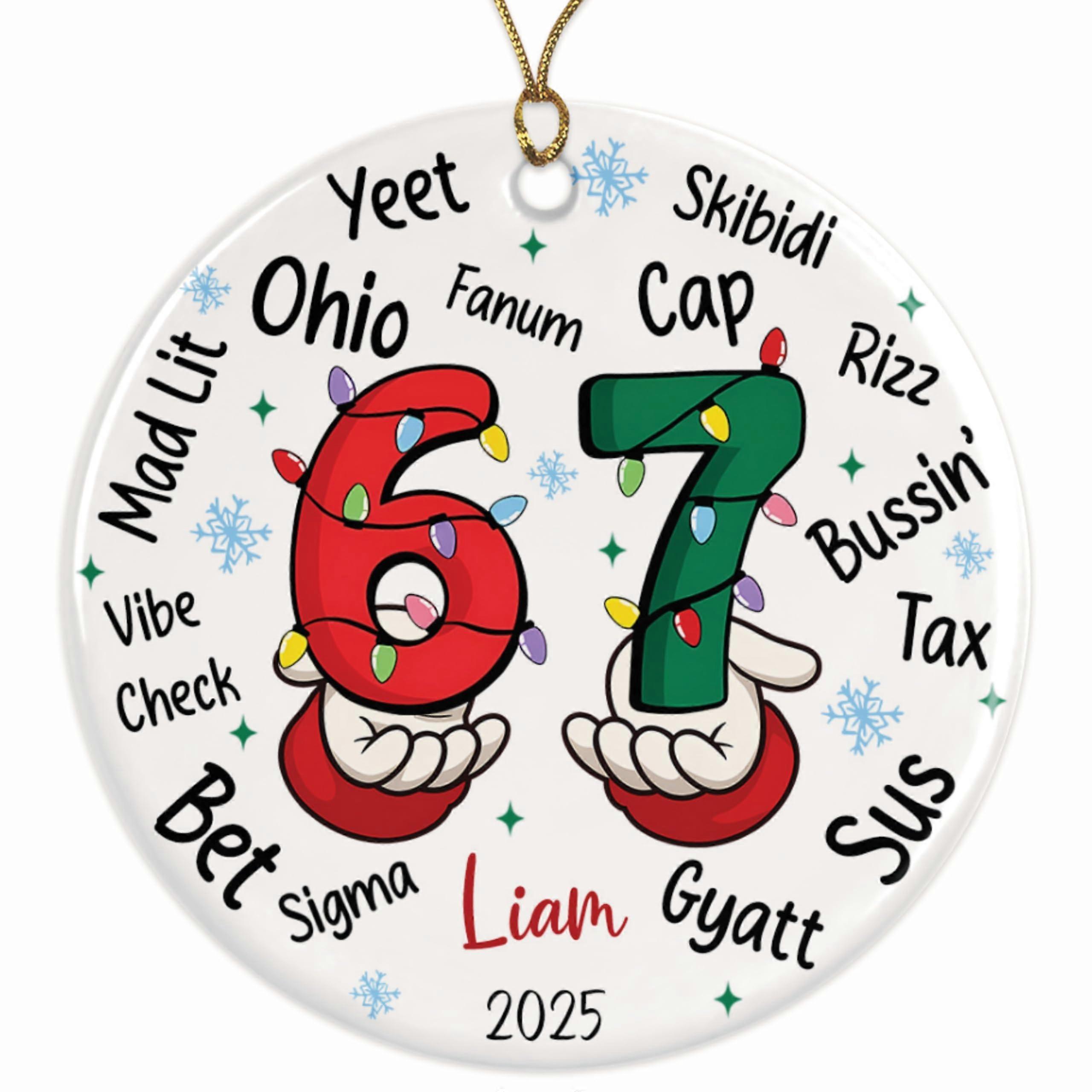 Ceramic Christmas Ornament with Funny Gen Z Slang, 2.8' Round, Gold Hanging String