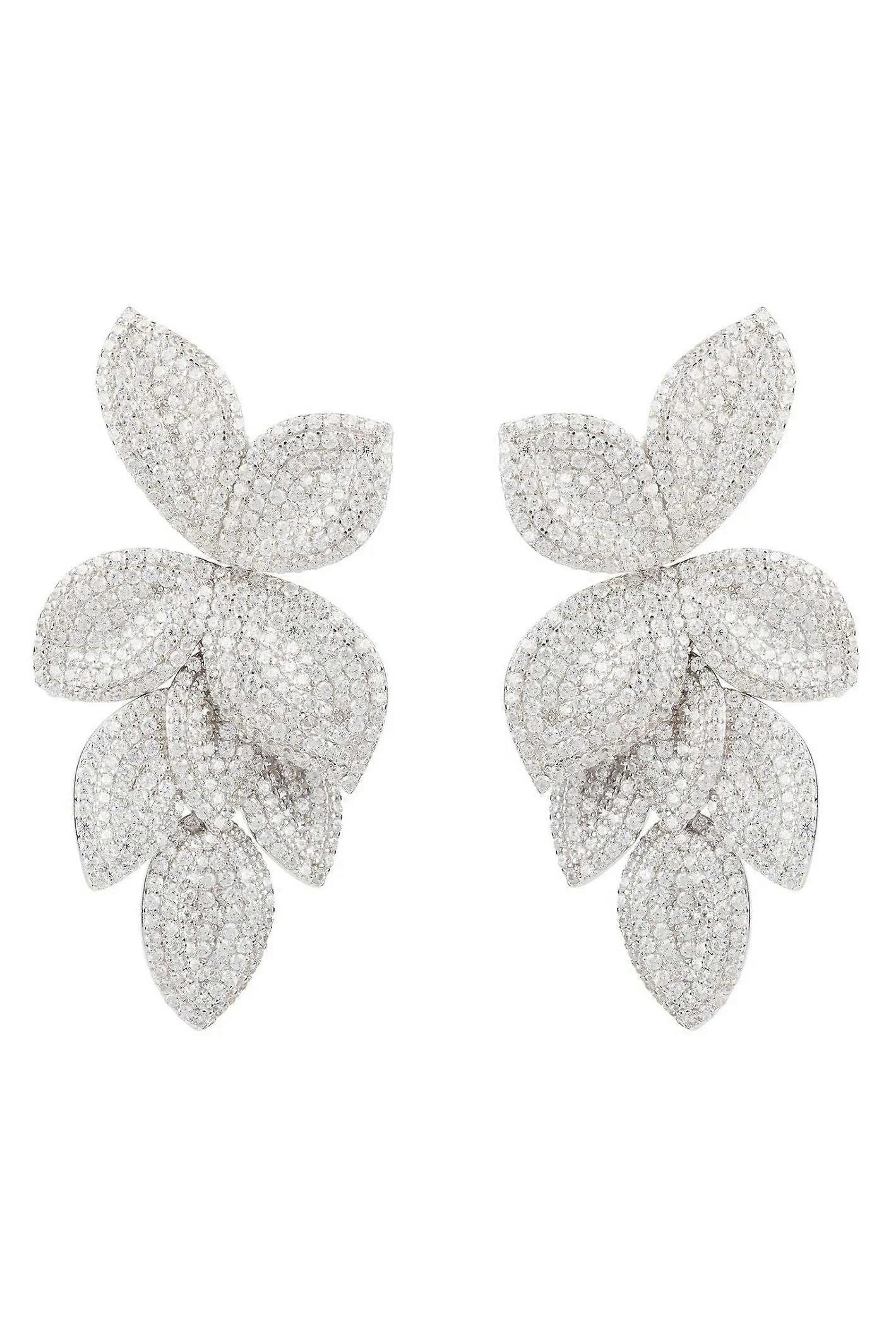 Latelita Petal Cascading Flower Earrings, 925 Sterling Silver with Micro Pave White Cubic Zirconia - 5.5cm x 3cm