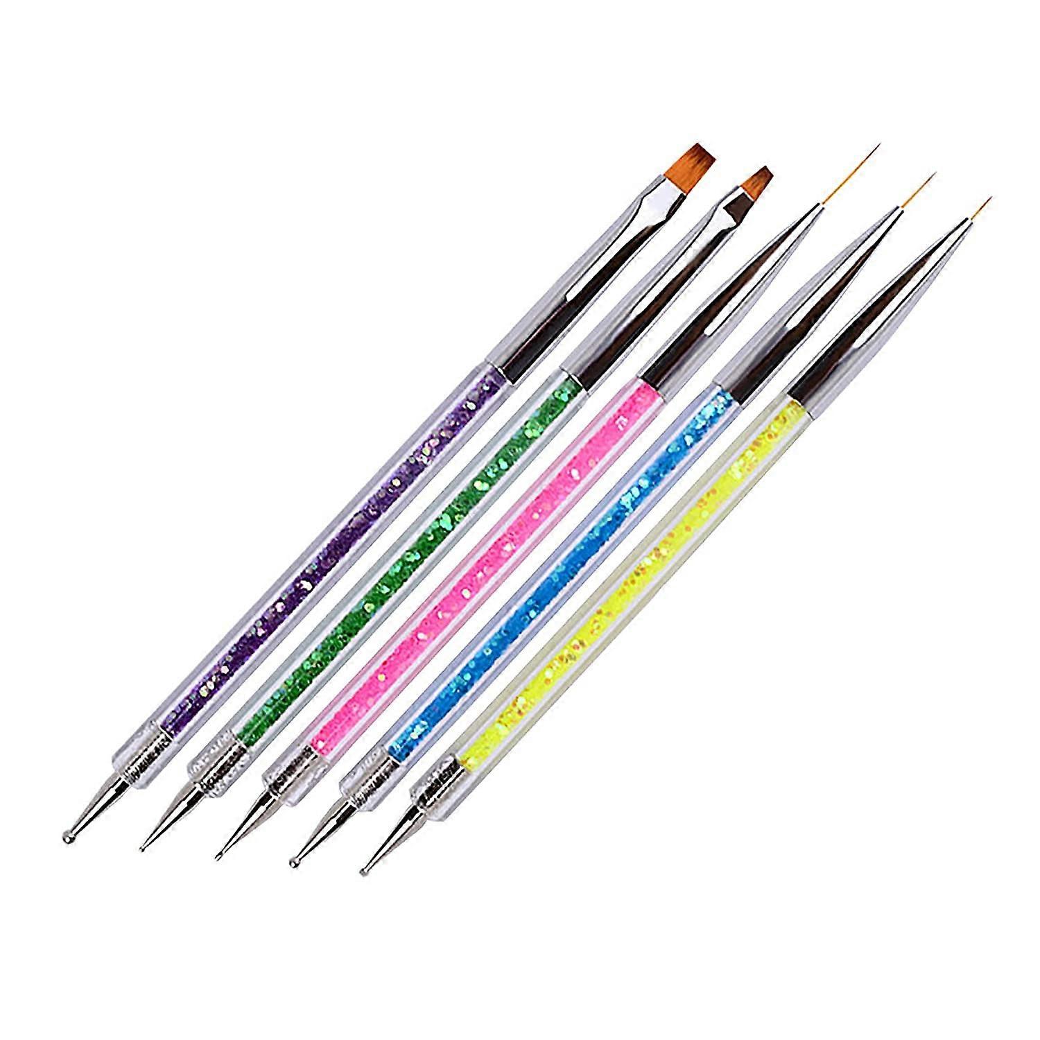 5pcs Double Ended Nail Art Brushes and Dotting Tools Set with Multicolor Precision Detailing Pens