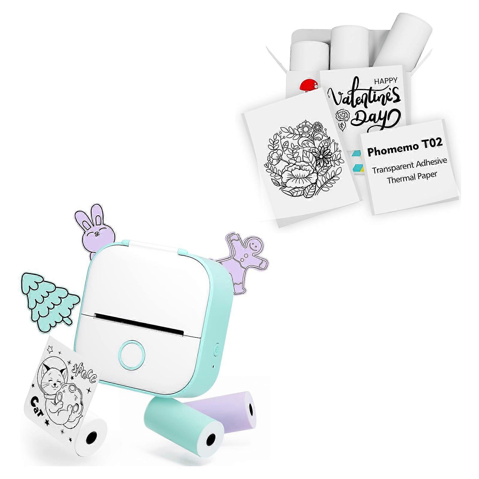 Mini Thermal Printer T02 Bluetooth Sticker Maker with 3 Rolls Color and Transparent Label Paper for iOS Android