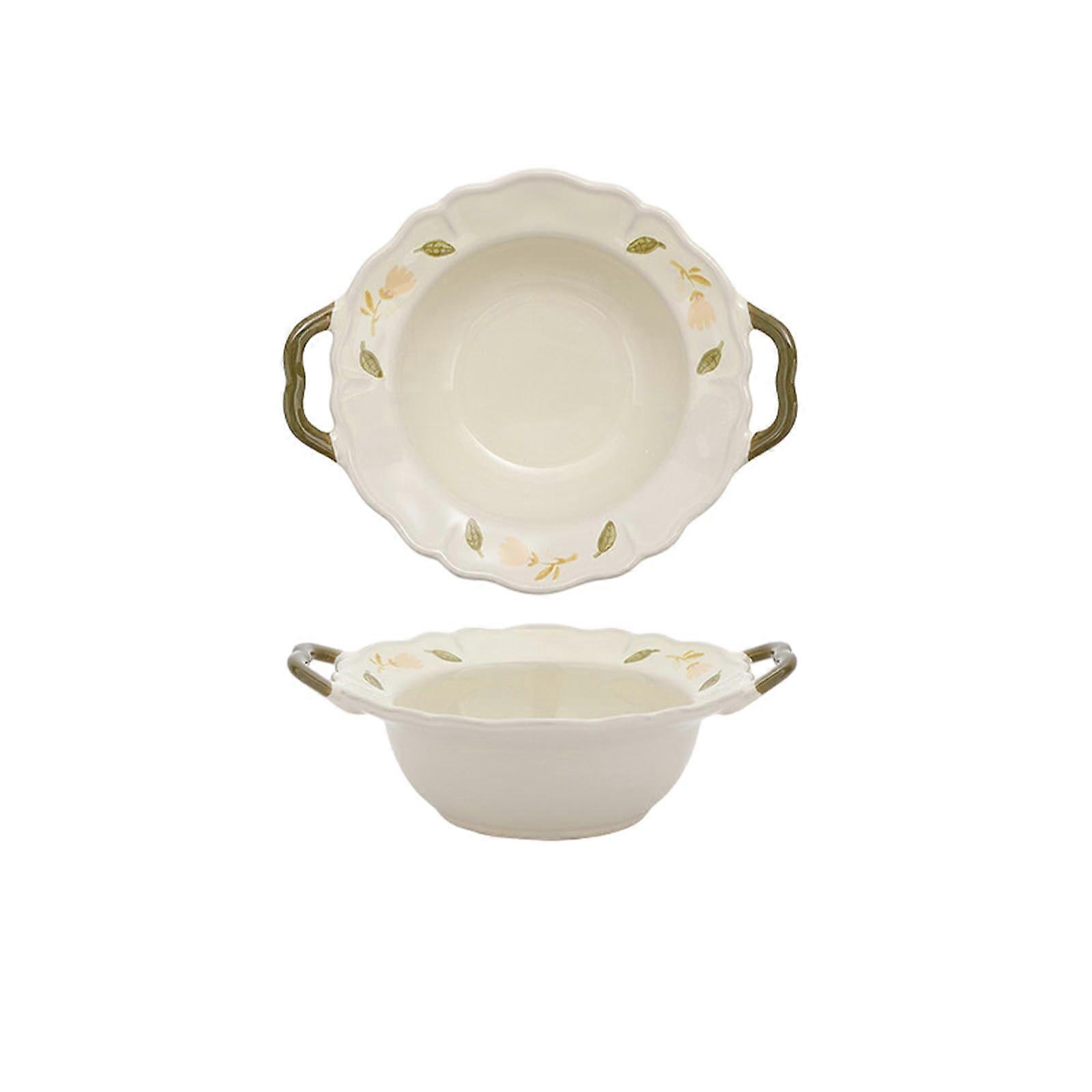 Ceramic Dinnerware Set with 8.5 Inch Double Ear Serving Bowl, Elegant Floral Design, Microwave Safe