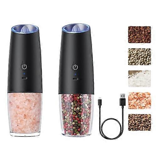 Electric Pepper Grinder and Salt Mill, USB Rechargeable, Gravity Activated, Adjustable Coarseness, LED Light, Black 2Pack