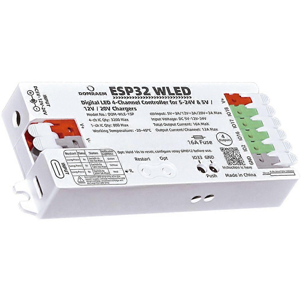 DOMRAEM 4-Channel LED Strip Controller ESP32 WLED Digital Controller PD5/12/20V DC5-24V Input 16A B