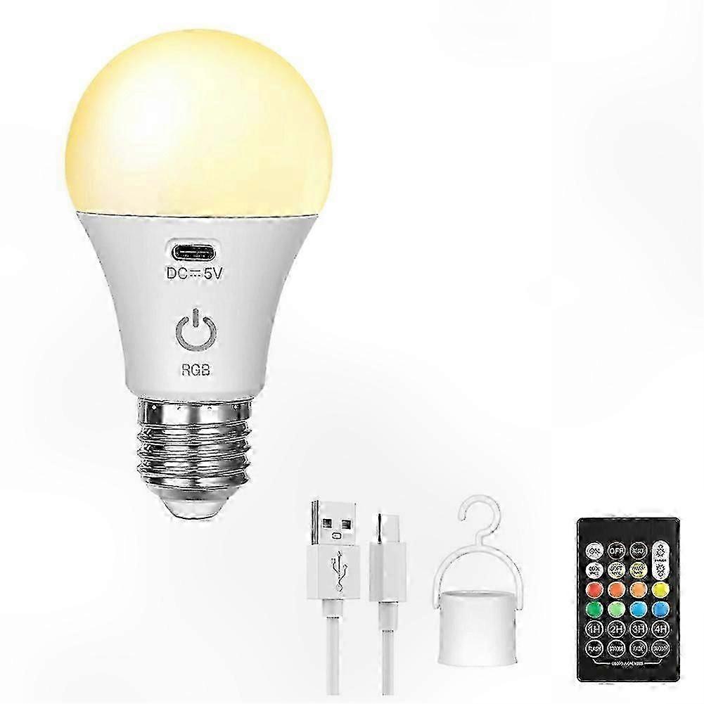 Rechargeable RGB LED Bulb - Dimmable E27 Smart Light with Timer, Cordless Battery-Powered