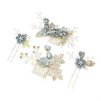 4Pcs Rhinestone Bridal Hair Clips Combs Handmade Wedding Hairpin Pearl Crystal Barrette Elegant Bridal Bridesmaid Hair Accessories (Blue)