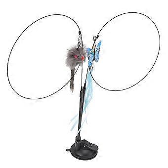 Suction Cat Feather Wand Toy Double End Removable Steel Wire Interactive Cat Teaser Stick Toy for Indoor Blue Scalewing and Gray Mouse