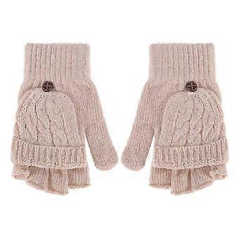 Frauen Winter Warme Wolle Gestrickte Convertible Fingerless Handschuhe mit Fäustlingsbezug (beige)