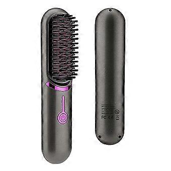 2-in-1 Hair Straightener Brush with Ceramic Coated Teeth, 3 Temperature Settings, USB Rechargeable, Auto Shut-Off, Black, 1 Count