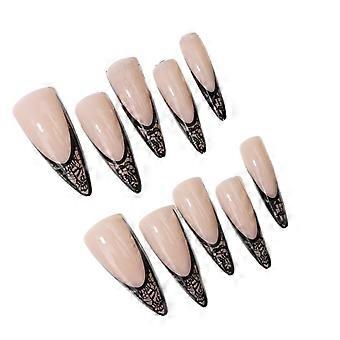 Black French Lace Minimalist Press-On Nails, 24 pcs Almond False Nail Tips with Adhesive for Women and Girls