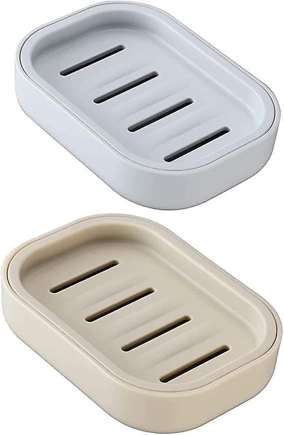 Two Pack Plastic Soap Saucers, Double Layer Shower Soap Dish, Small Soap Saucer with Draining Bathroom Soap Container (Blue and Brown)