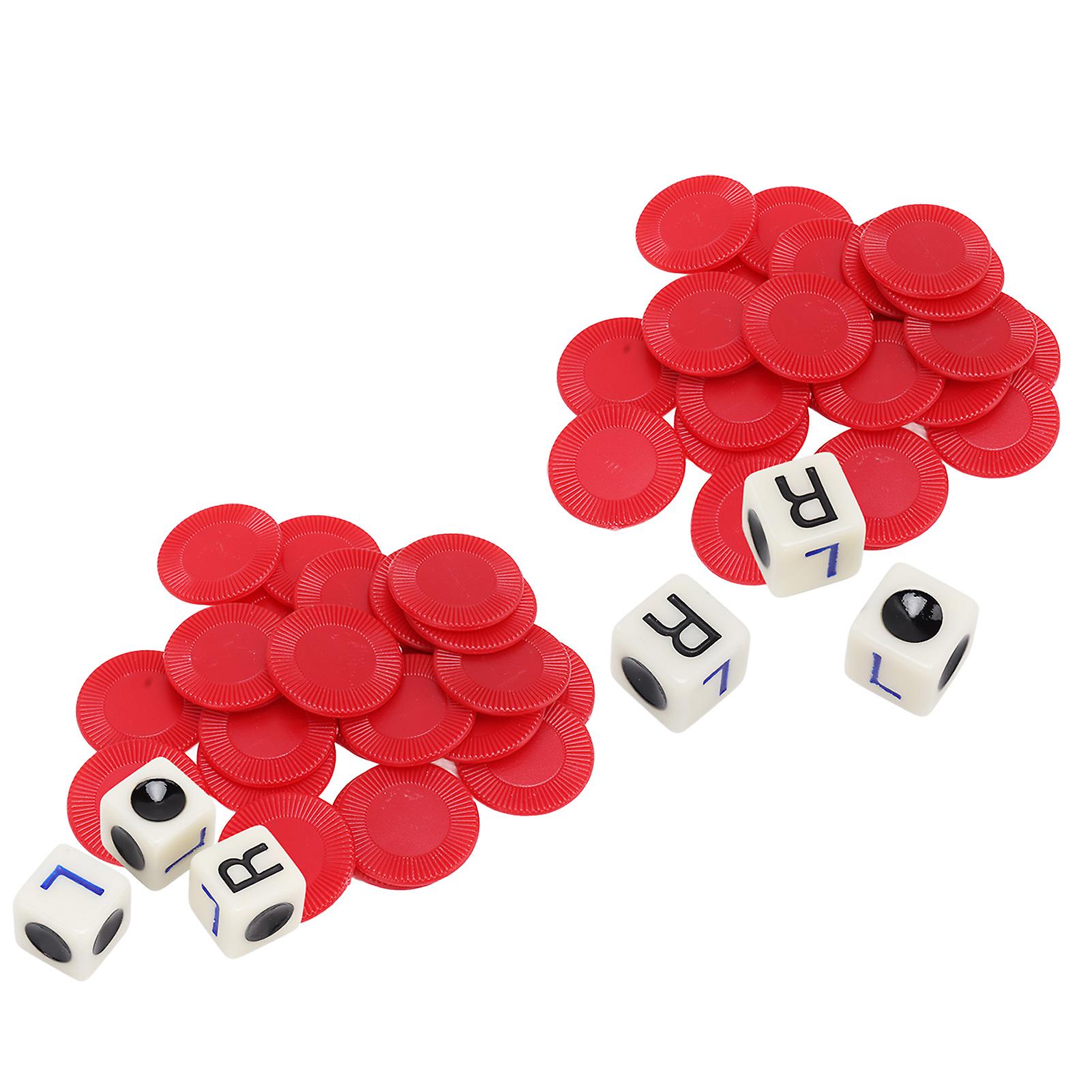 2 Sets Left Right Center Dice Game 16mm With 3 Dices 24 Chips for Family Nights Friends Gatherings Games Parties Red 