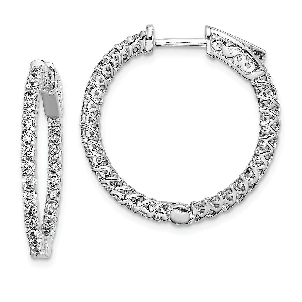 925 Sterling Silver Polished Prong set Safety clasp Rhodium Plated With Cubic Zirconia Hinged Hoop Earrings 22x23mm Wide