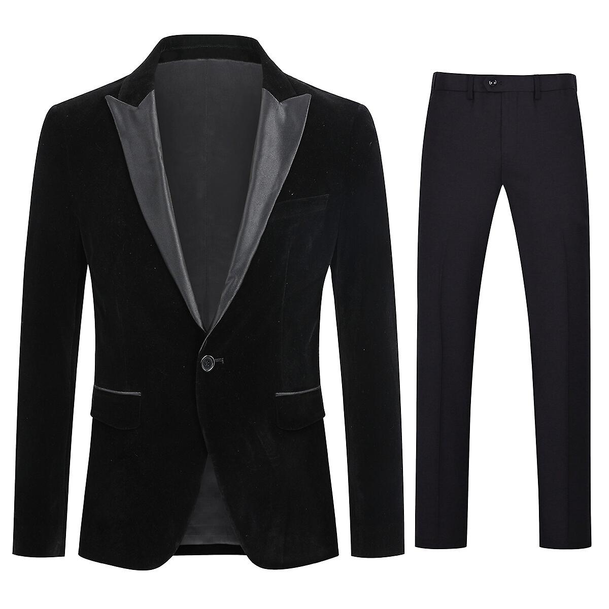 Mens 2Piece Banquet Velvet Solid Color Slim Blazer&Pants