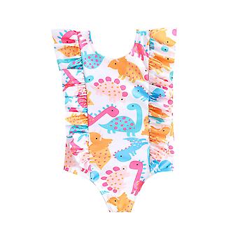 Veeki Newborn Baby Girl Ruffle Swimsuit Infant Toddler One Piece Floral Bikini Beach Bathing Swimwear Set, White Dinosaur, 4-5T