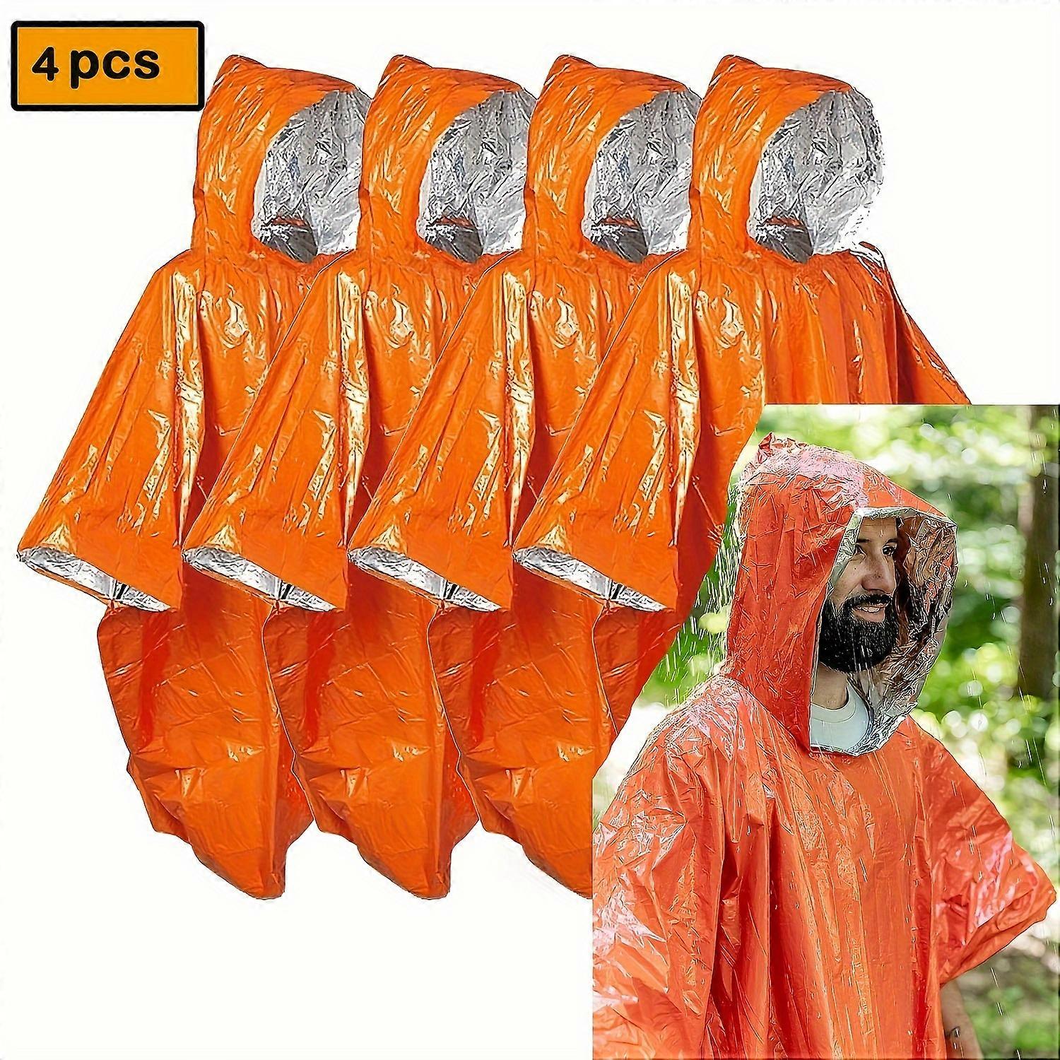 4packs Orange Emergency Poncho Features Heat Retention And Mylar Reversible Thermal Raincoat Blanket With Reflective Side For Increased Visibility - O