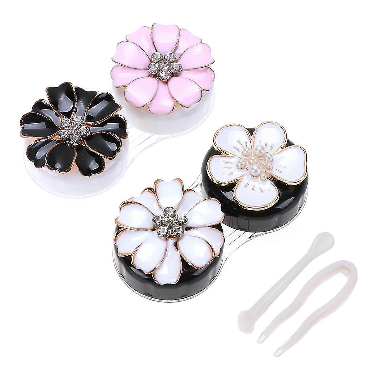 2 Pairs in 1 Set Beautiful Flower Shape Eye Lense Cases Lens Holder Floral Design Storage Box Eye Care Container Kit for Home and Travel