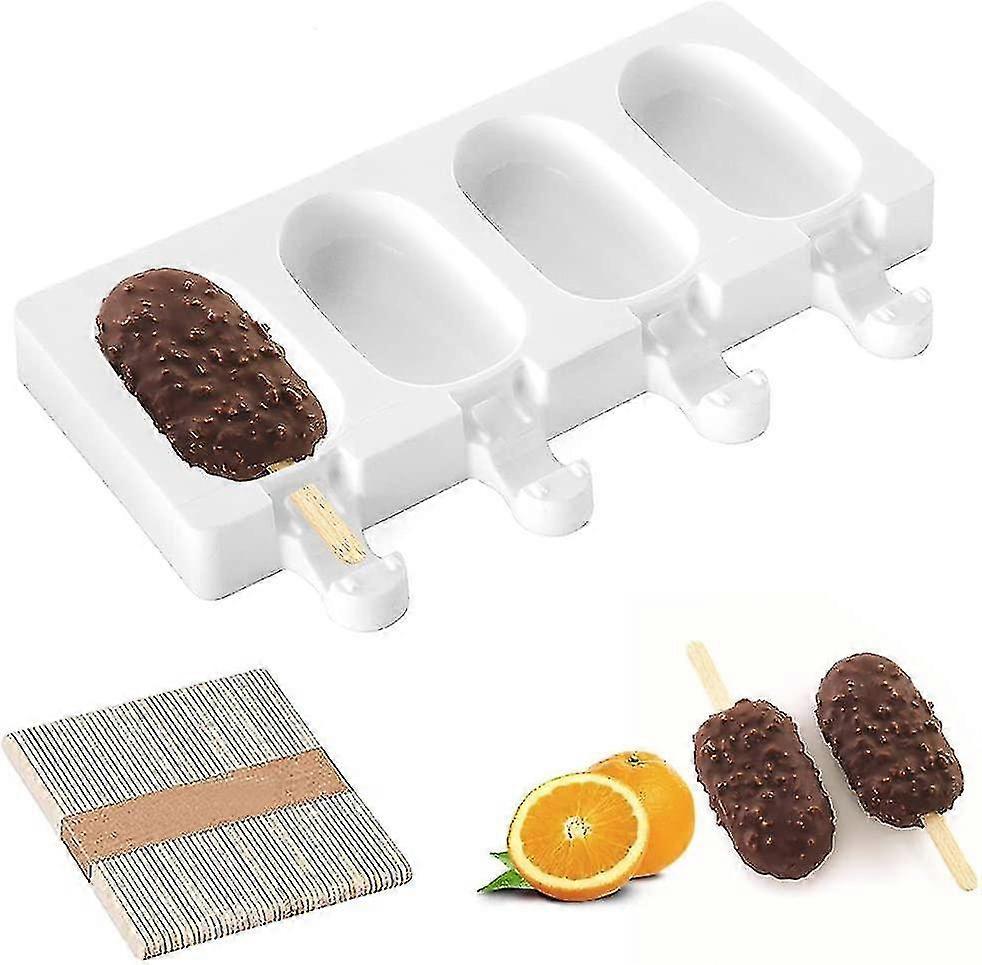 Ice Cream Molds, 4 Cell Silicone Popsicle Molds, Oval Popsicles With 50 Wooden Sticks