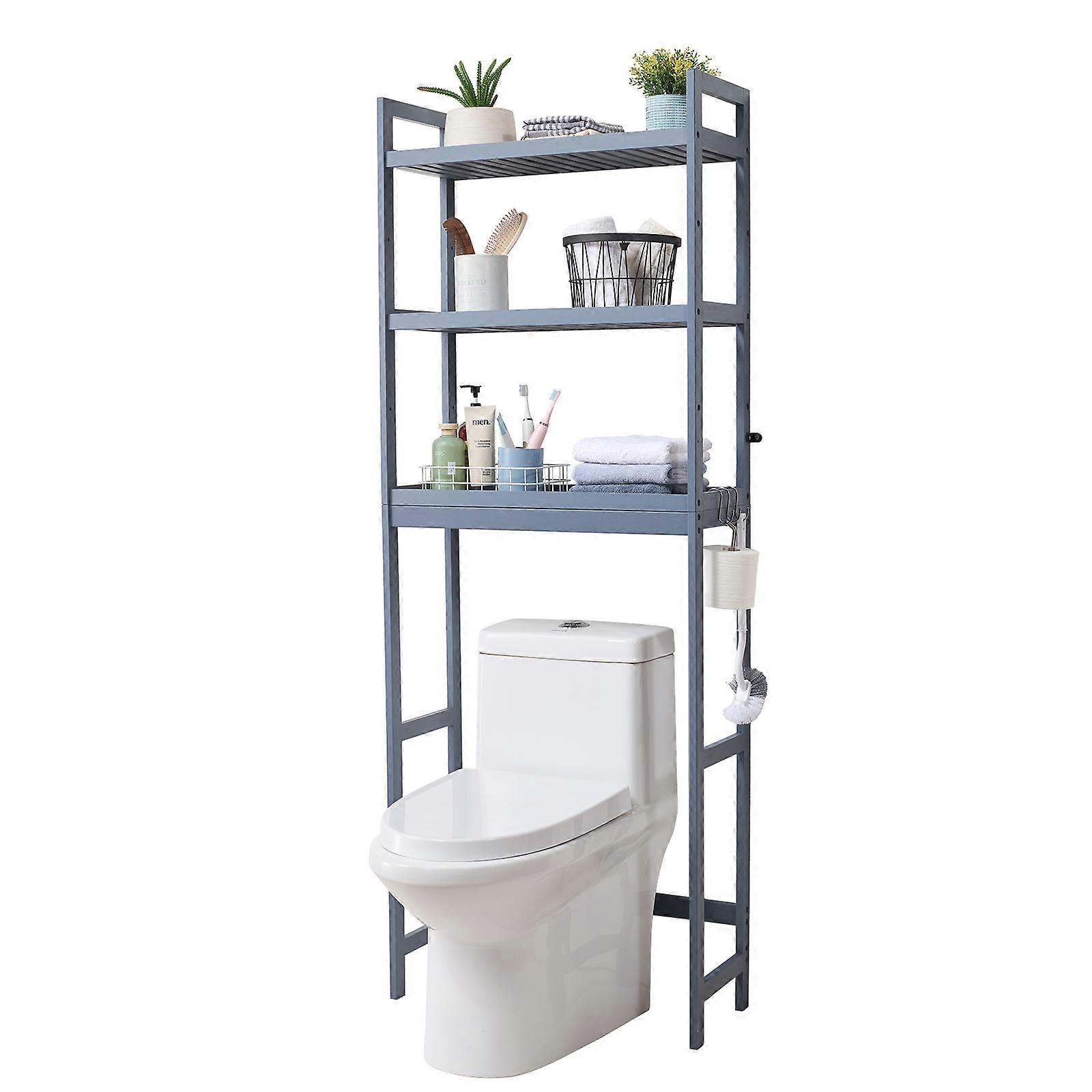 Over the Toilet Storage, 3-Tier Adjustable Over Toilet Bathroom Organizer, Bamboo Storage Shelf Rack with 3 Hooks, Fit Most Toilets, Gray