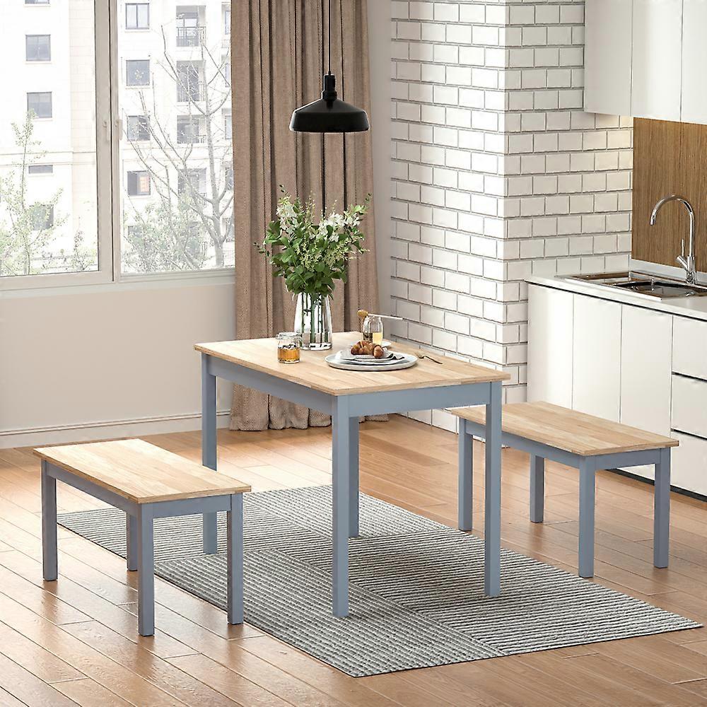 Table and Bench Set 3 Piece Modern Wood Dining Table and Benches Set Grey