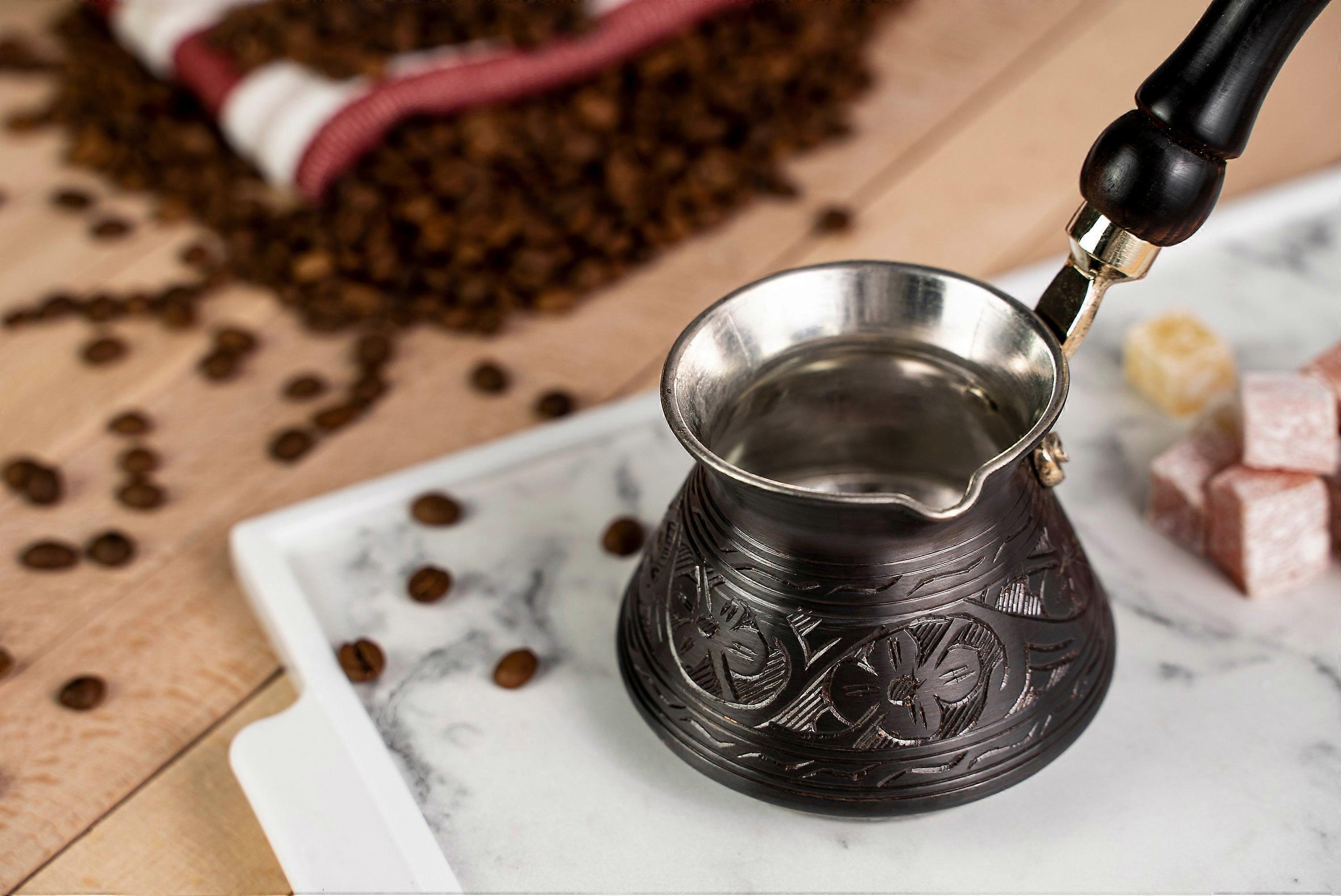 Solid Dark Copper Wooden Handle Handmade Turkish Coffee Pot